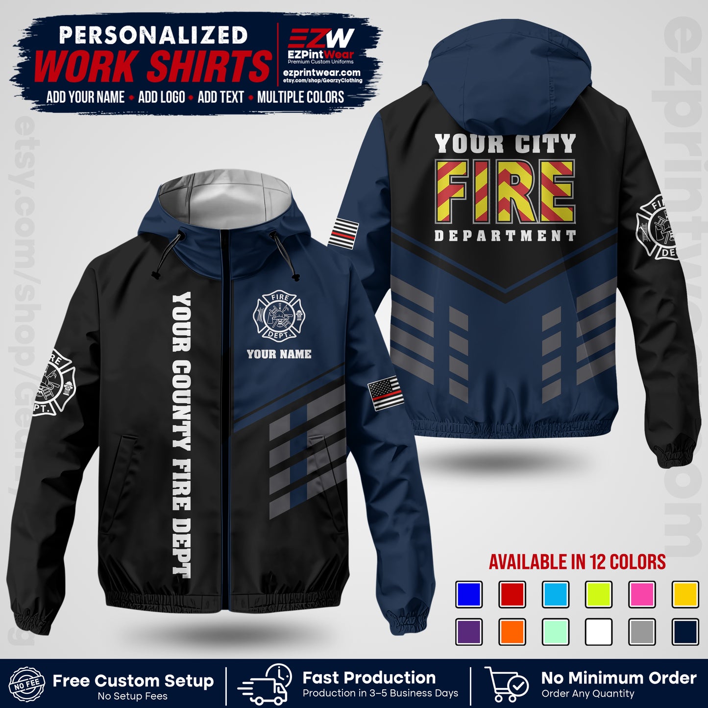 Custom Firefighter Windbreaker Jacket with Name, City Logo & Text | Fire Department Uniform | Employee Workwear FFJK06