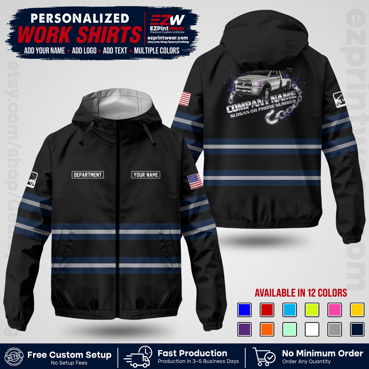 Custom Towing Windbreaker Jacket | Personalized Tow Truck Workwear | Non-Reflective Safety Stripe Jacket | Add Name Logo Text | Custom Windbreaker Jacket | Tow Truck Jacket TWJK 05
