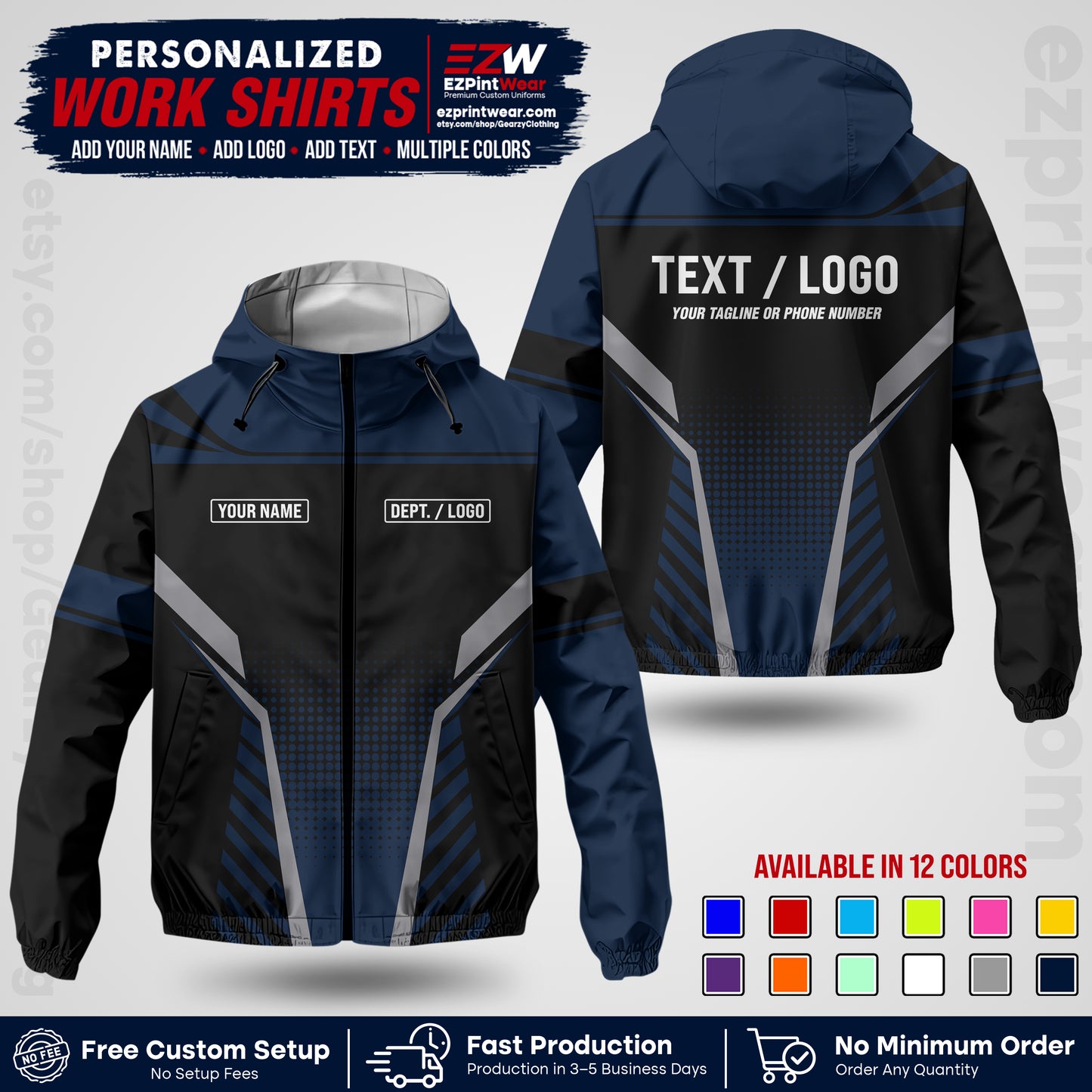 Custom Windbreaker Jacket with Name, Logo & Text, All Over Print Company Workwear, Employee Uniform WBJK08