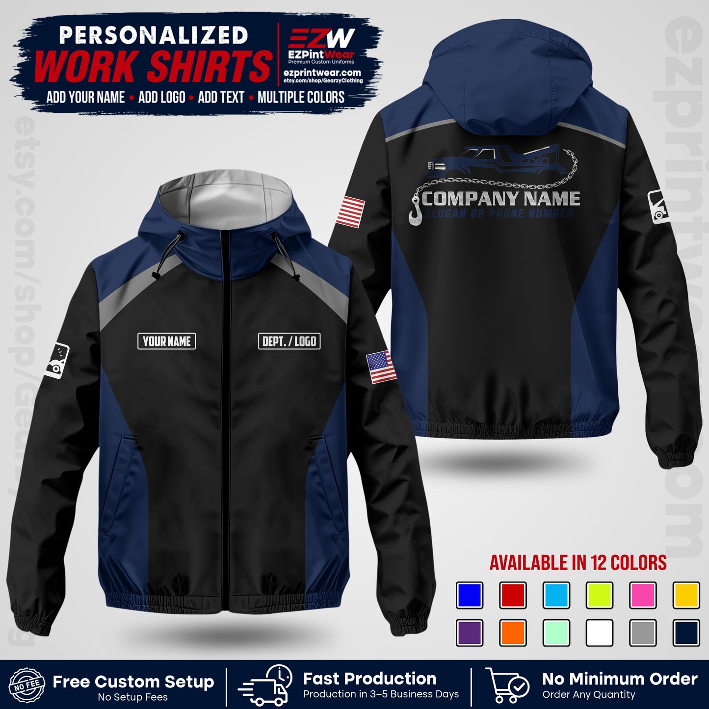Custom Towing Windbreaker Jacket with Name, Logo & Text | Towing Company Uniform | Workwear TWJK 01