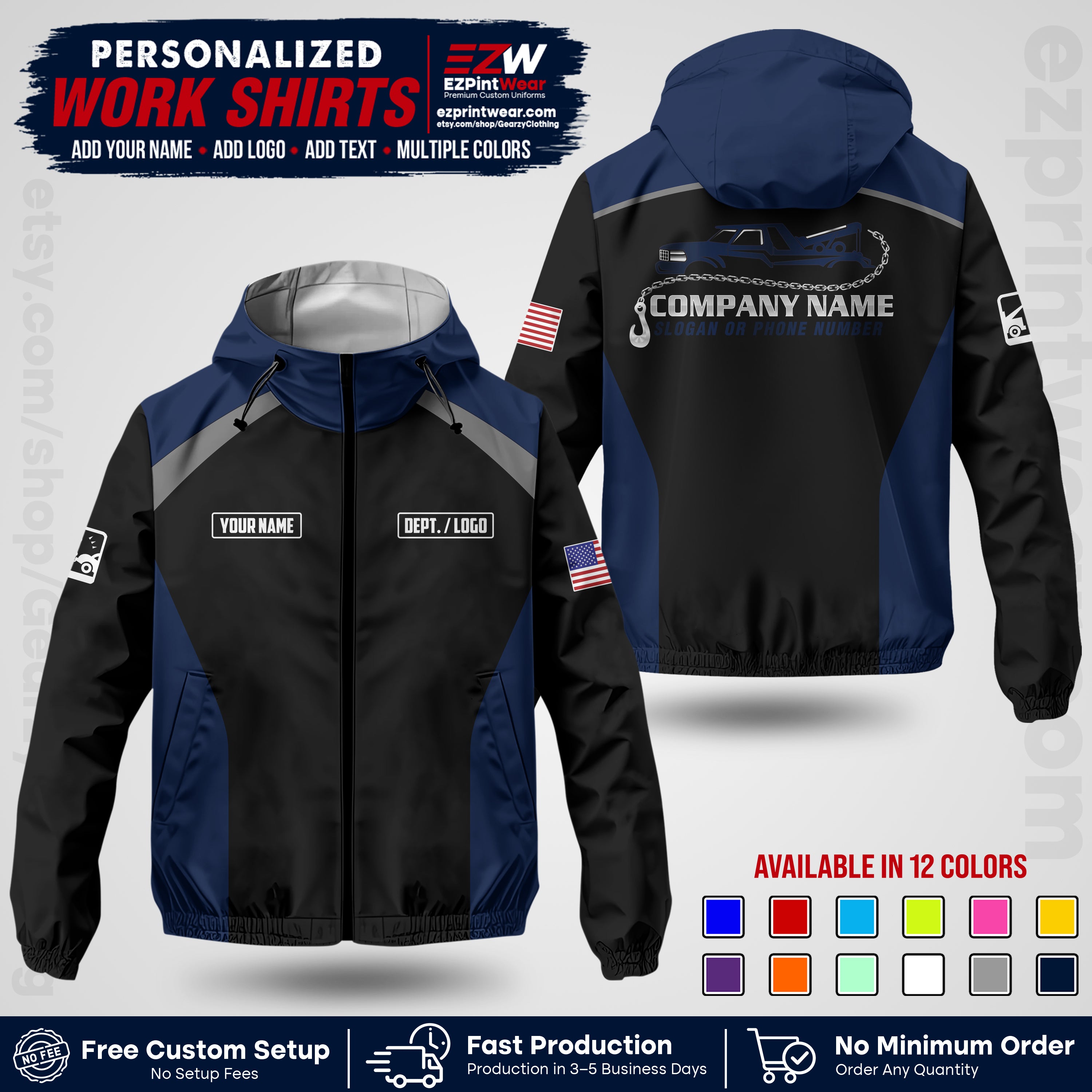Custom Towing Windbreaker Jacket with Name, Logo & Text | Towing Company Uniform | Workwear TWJK 01