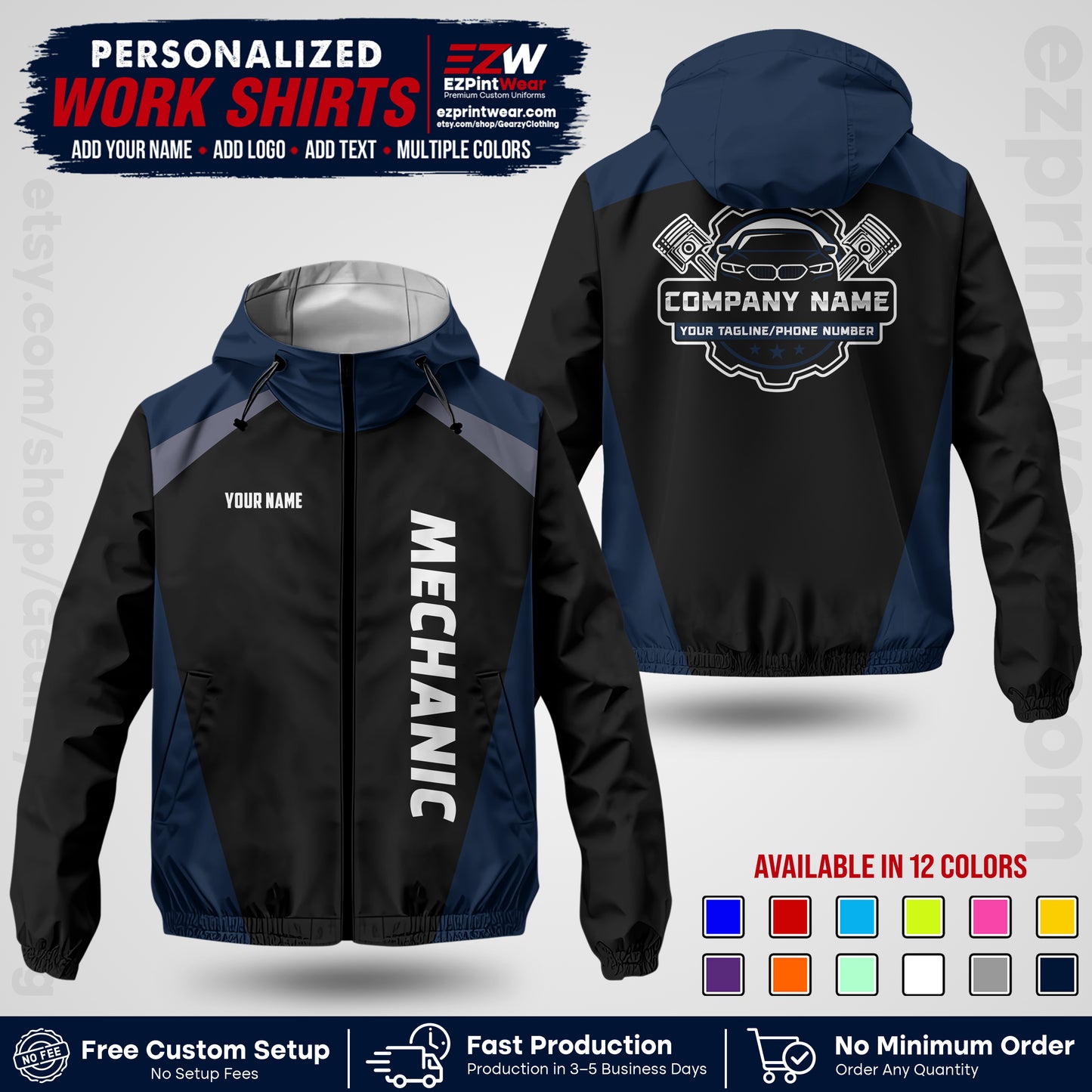 Custom Mechanic Work Shirt with Name, Logo & Text | Auto Shop Uniform | Company Workwear | Employee Uniform MCNJK02