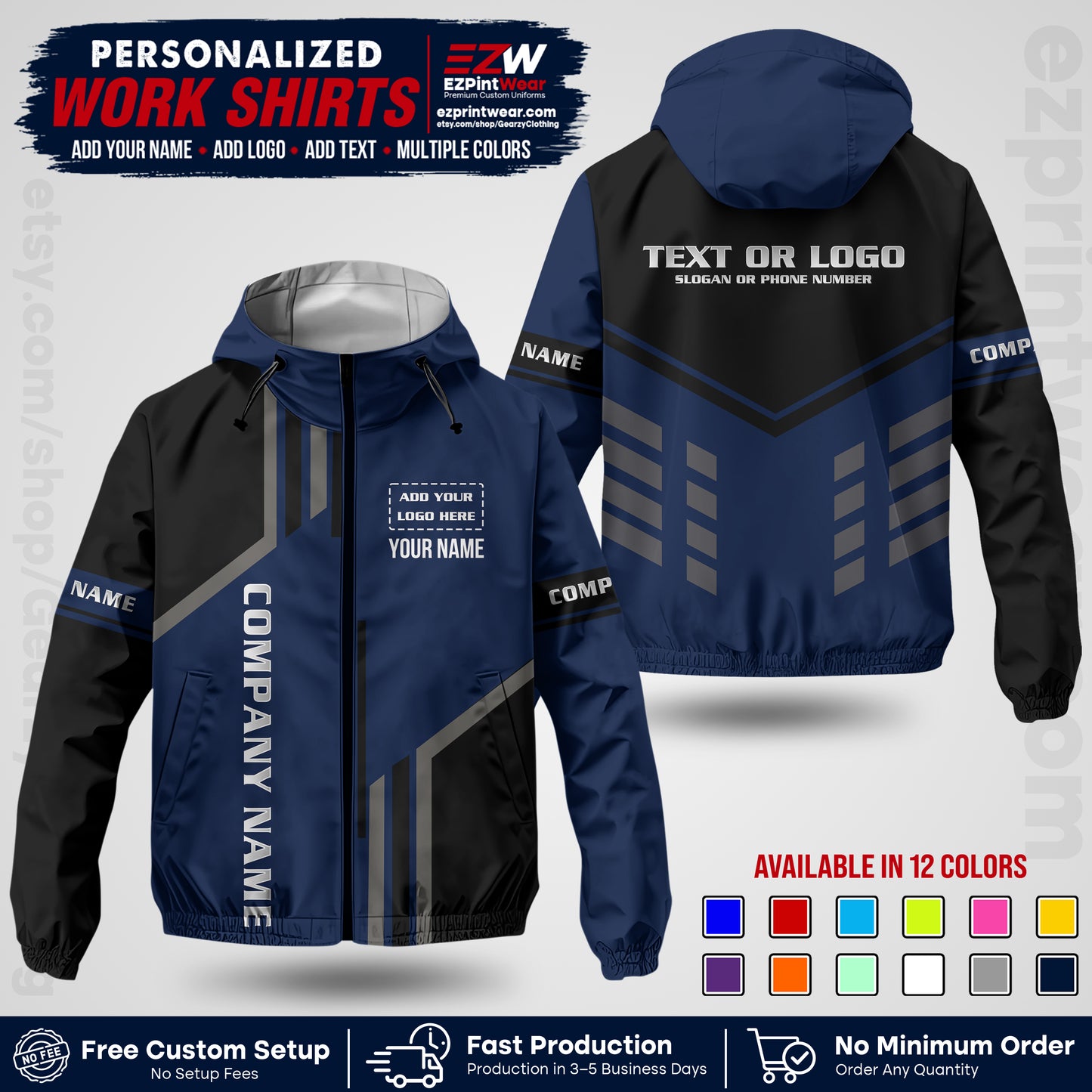 Custom Windbreaker Jacket with Name, Logo & Text, All Over Print Company Workwear, Employee Uniform WBJK10