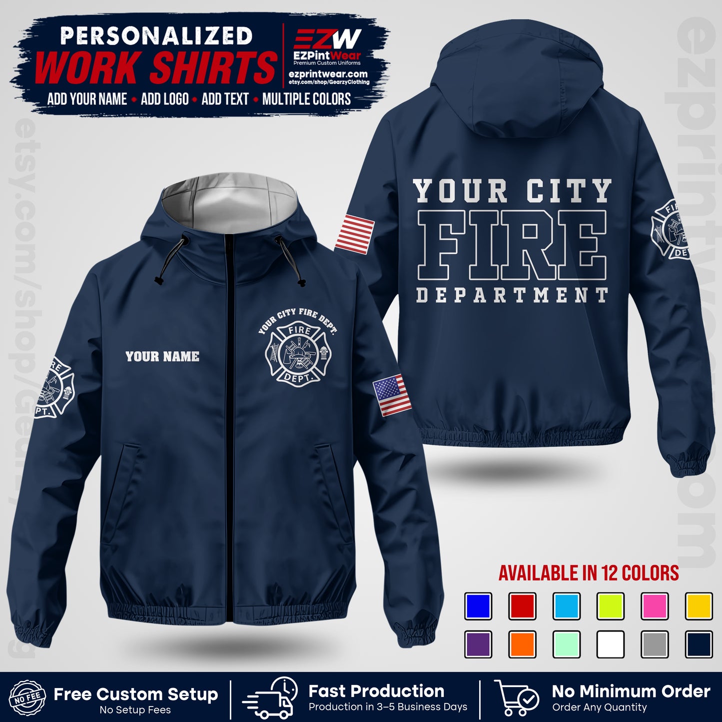 Custom Firefighter Windbreaker Jacket with Name, City Logo & Text | Fire Department Uniform | Employee Workwear FFJK01