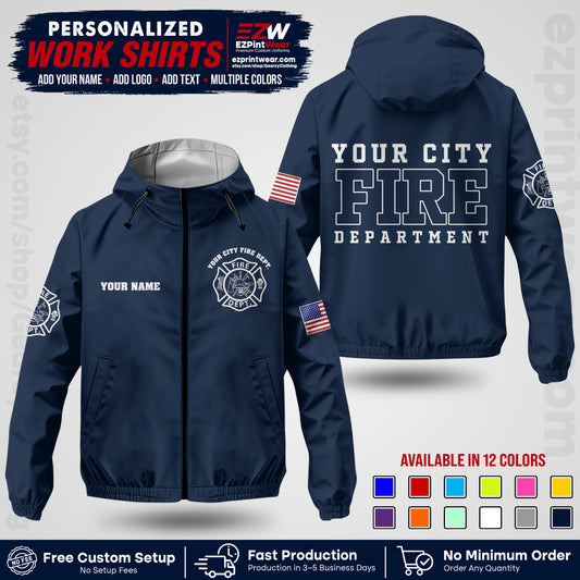 Custom Firefighter Windbreaker Jacket with Name, City Logo & Text | Fire Department Uniform | Employee Workwear FFJK01