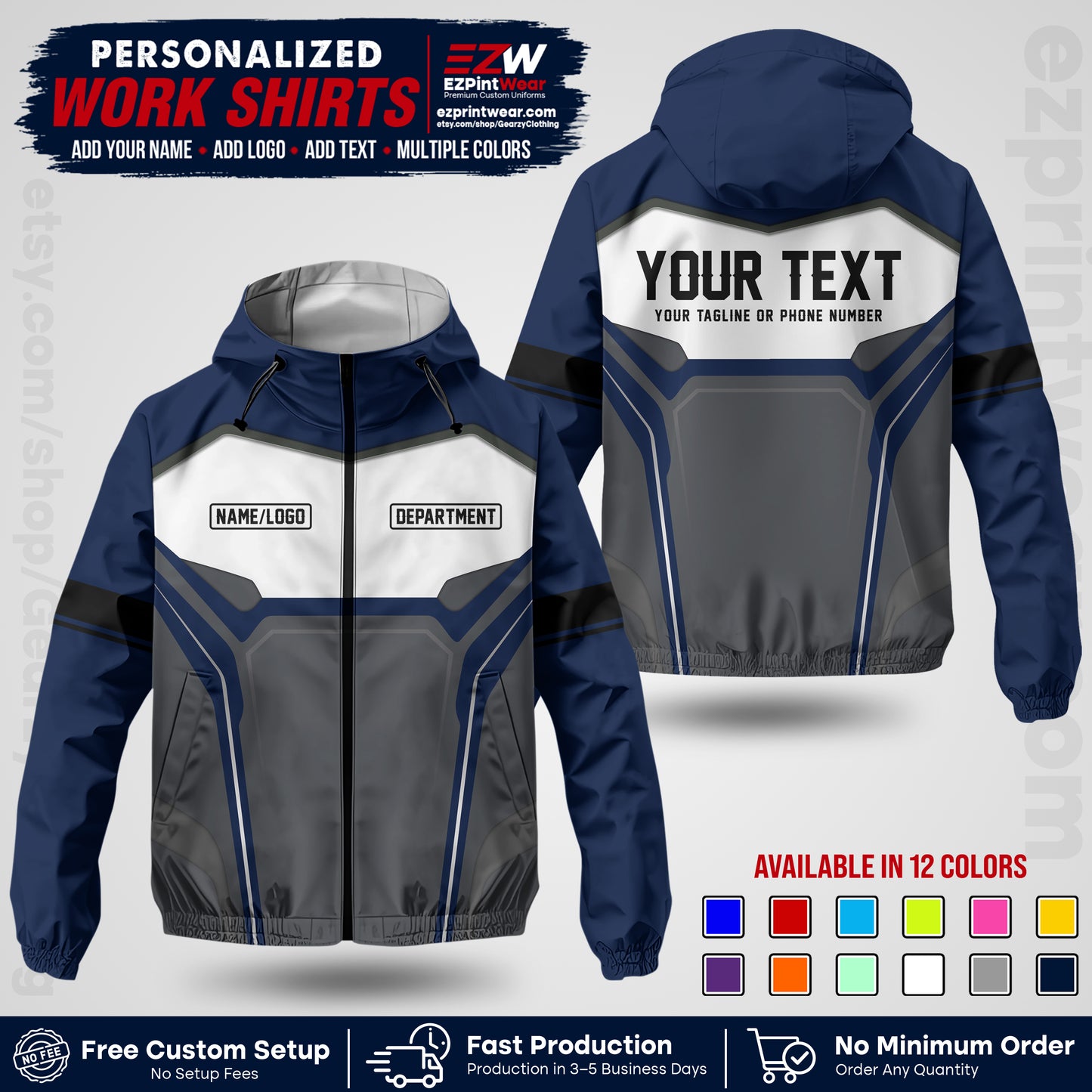 Custom Windbreaker Jacket with Name, Logo & Text, All Over Print Company Workwear, Employee Uniform WBJK06