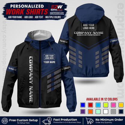 Custom Windbreaker Jacket with Name, Logo & Text, All Over Print Company Workwear, Employee Uniform WBJK09
