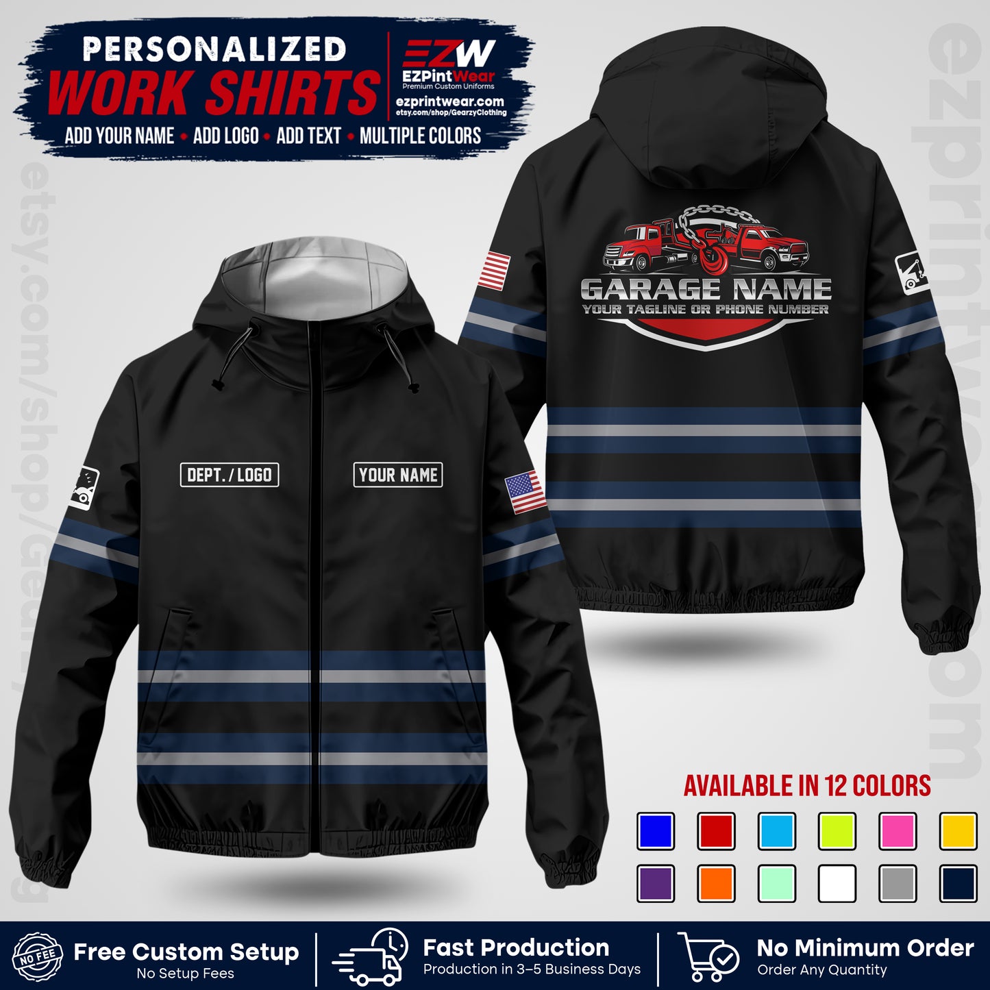 Custom Towing Windbreaker Jacket | Personalized Tow Truck Workwear | Non-Reflective Safety Stripe Jacket | Add Name Logo Text | Custom Windbreaker Jacket | Tow Truck Jacket TWJK 03