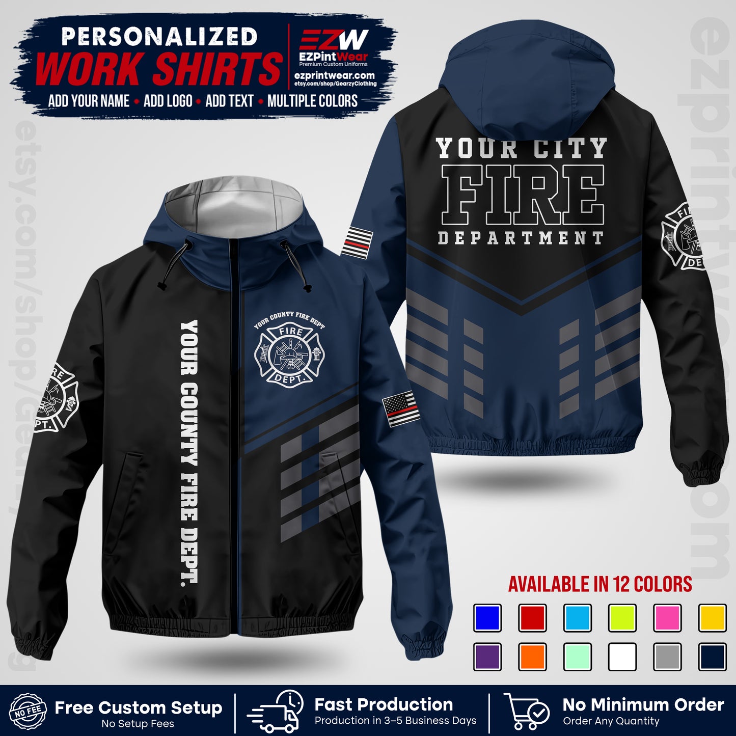 Custom Firefighter Windbreaker Jacket with Name, City Logo & Text | Fire Department Uniform | Employee Workwear FFJK03