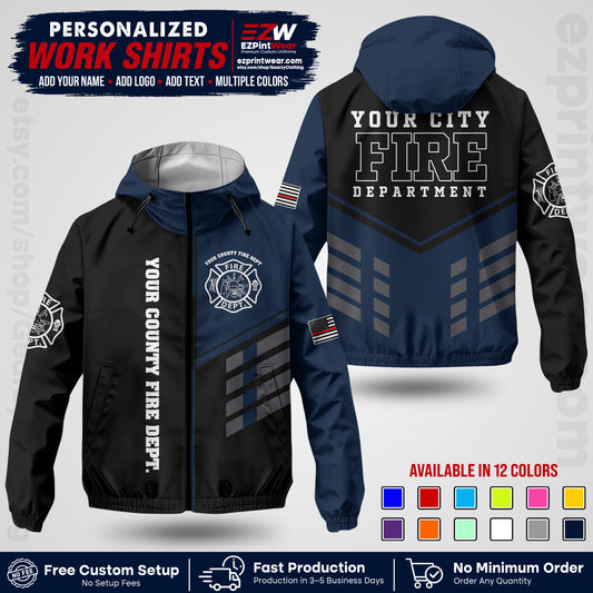 Custom Firefighter Windbreaker Jacket with Name, City Logo & Text | Fire Department Uniform | Employee Workwear FFJK03