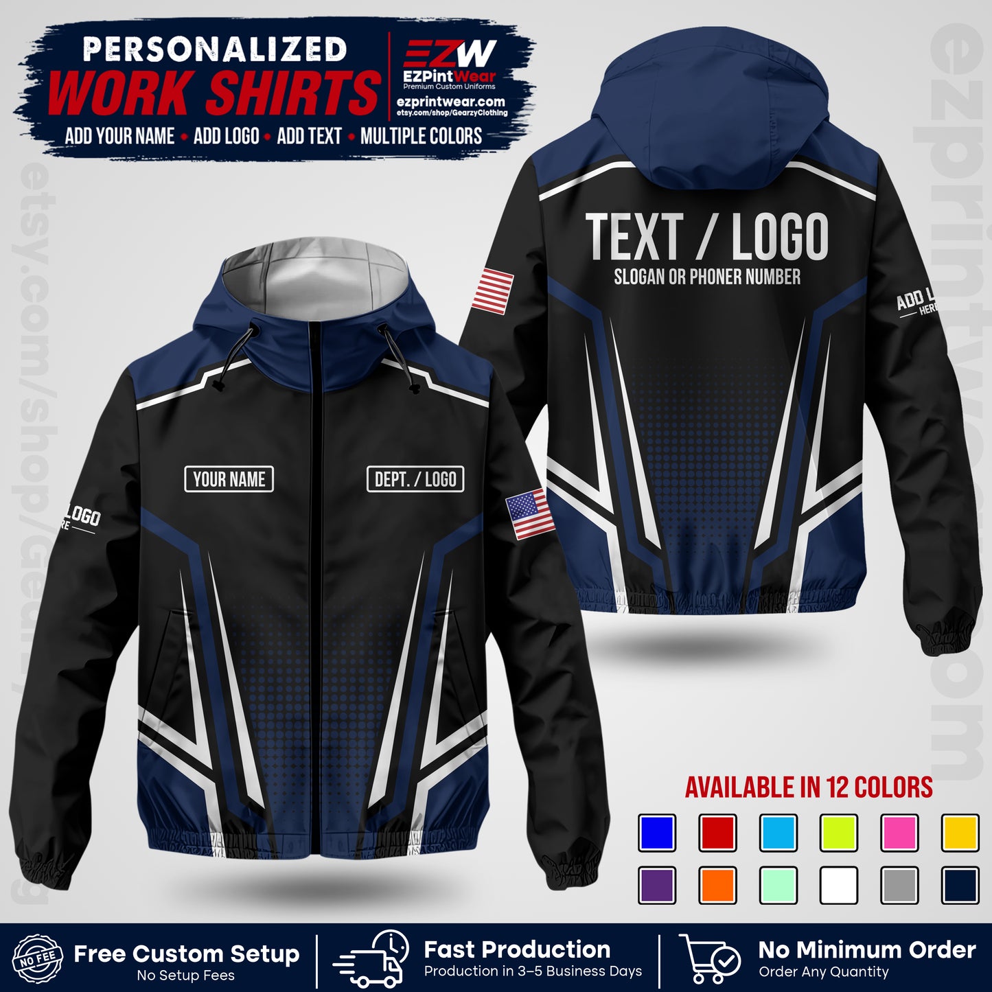 Custom Windbreaker Jacket with Name, Logo & Text, All Over Print Company Workwear, Employee Uniform WBJK17