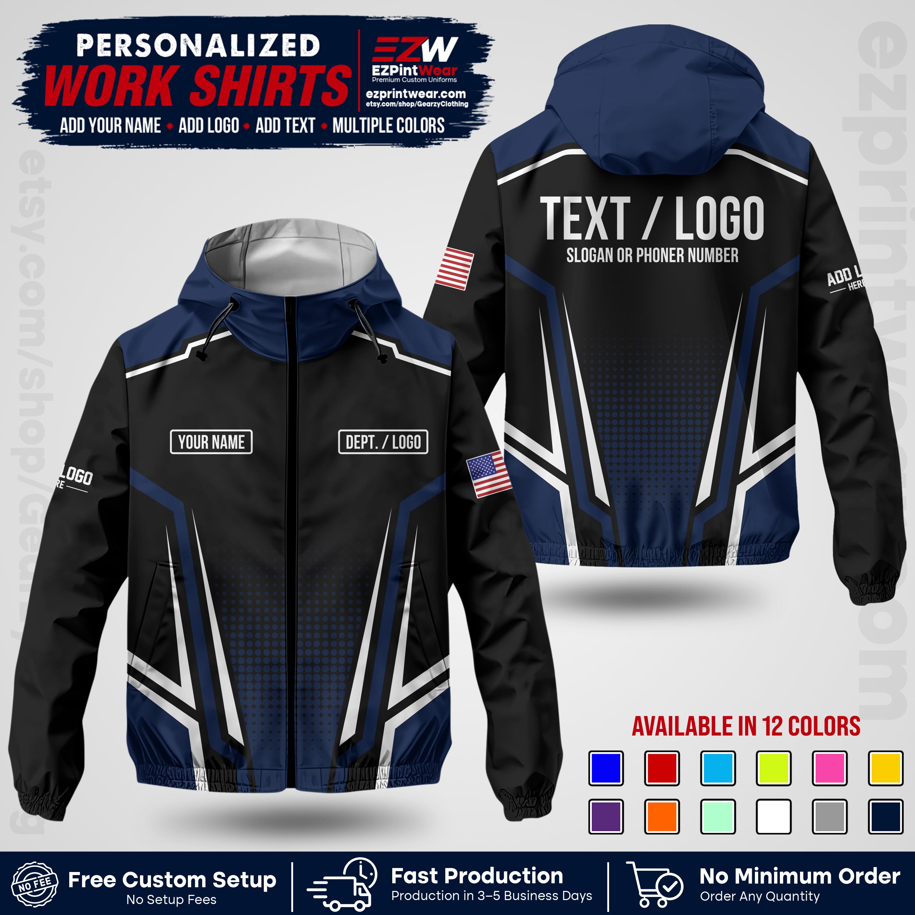 Custom Windbreaker Jacket with Name, Logo & Text, All Over Print Company Workwear, Employee Uniform WBJK17