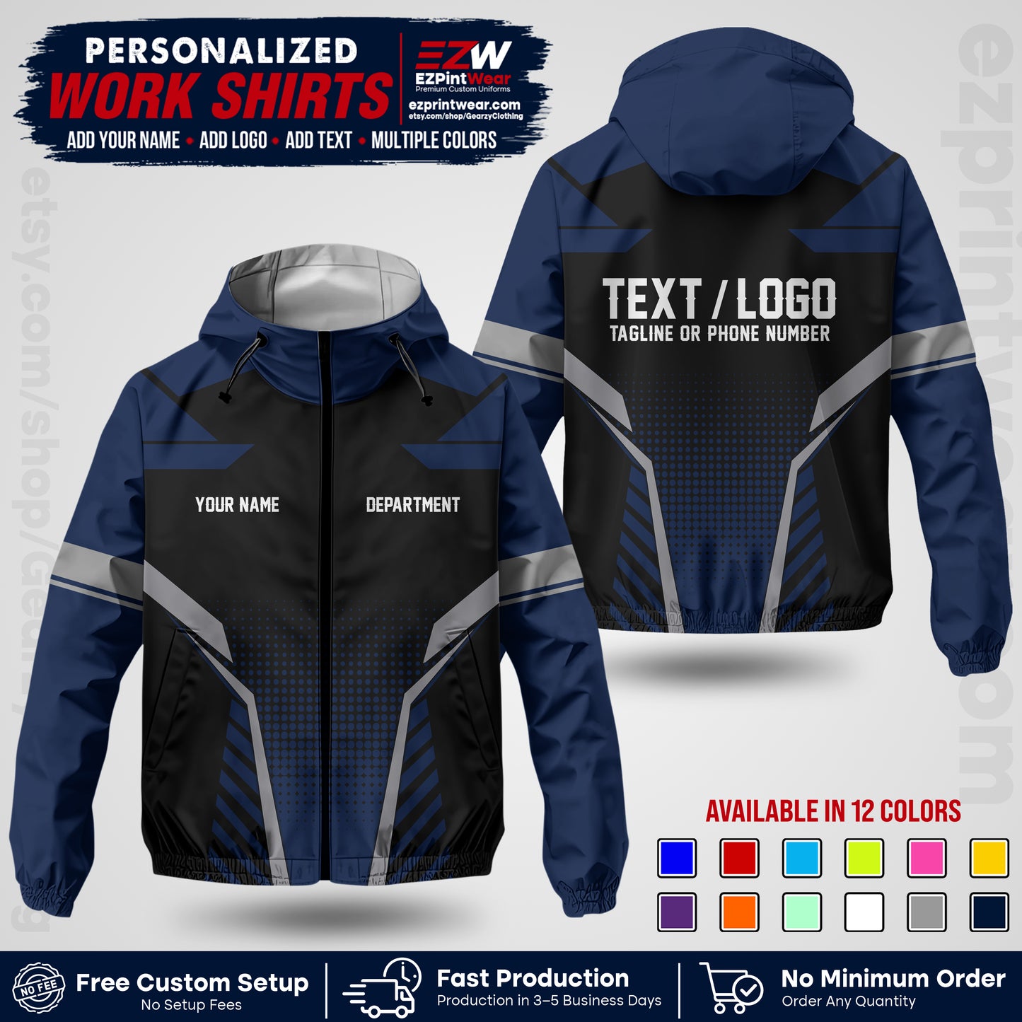 Custom Windbreaker Jacket with Name, Logo & Text, All Over Print Company Workwear, Employee Uniform WBJK01