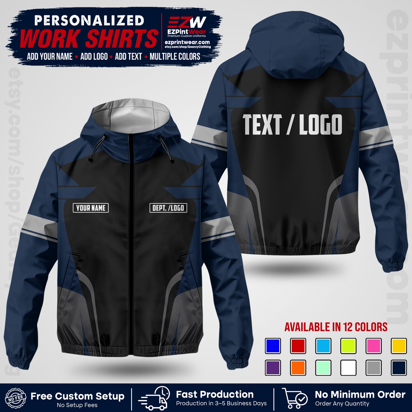 Custom Windbreaker Jacket with Name, Logo & Text, All Over Print Company Workwear, Employee Uniform WBJK02