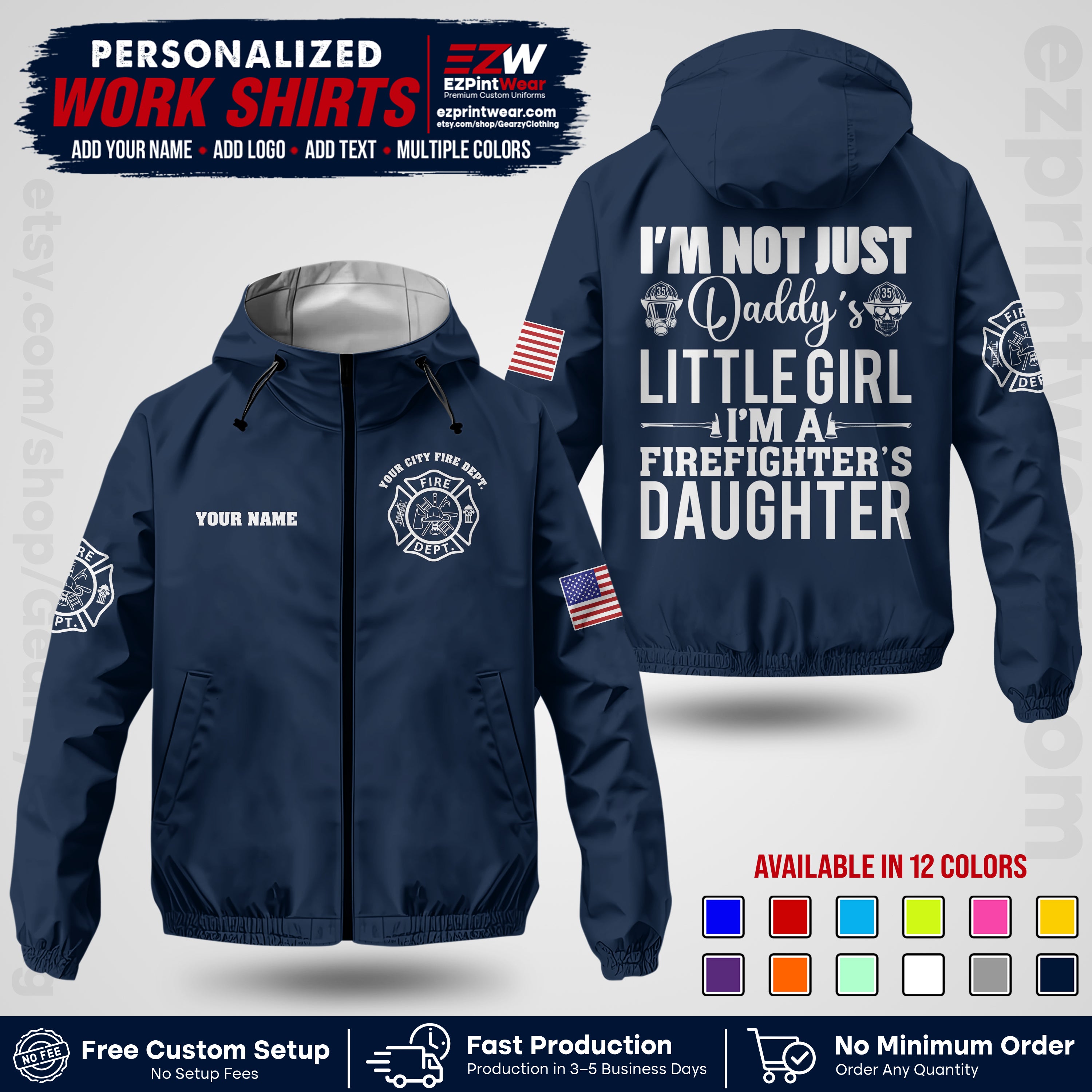 Custom Firefighter Windbreaker Jacket with Name, City Logo & Text | Fire Department Uniform | Employee Workwear FFJK08