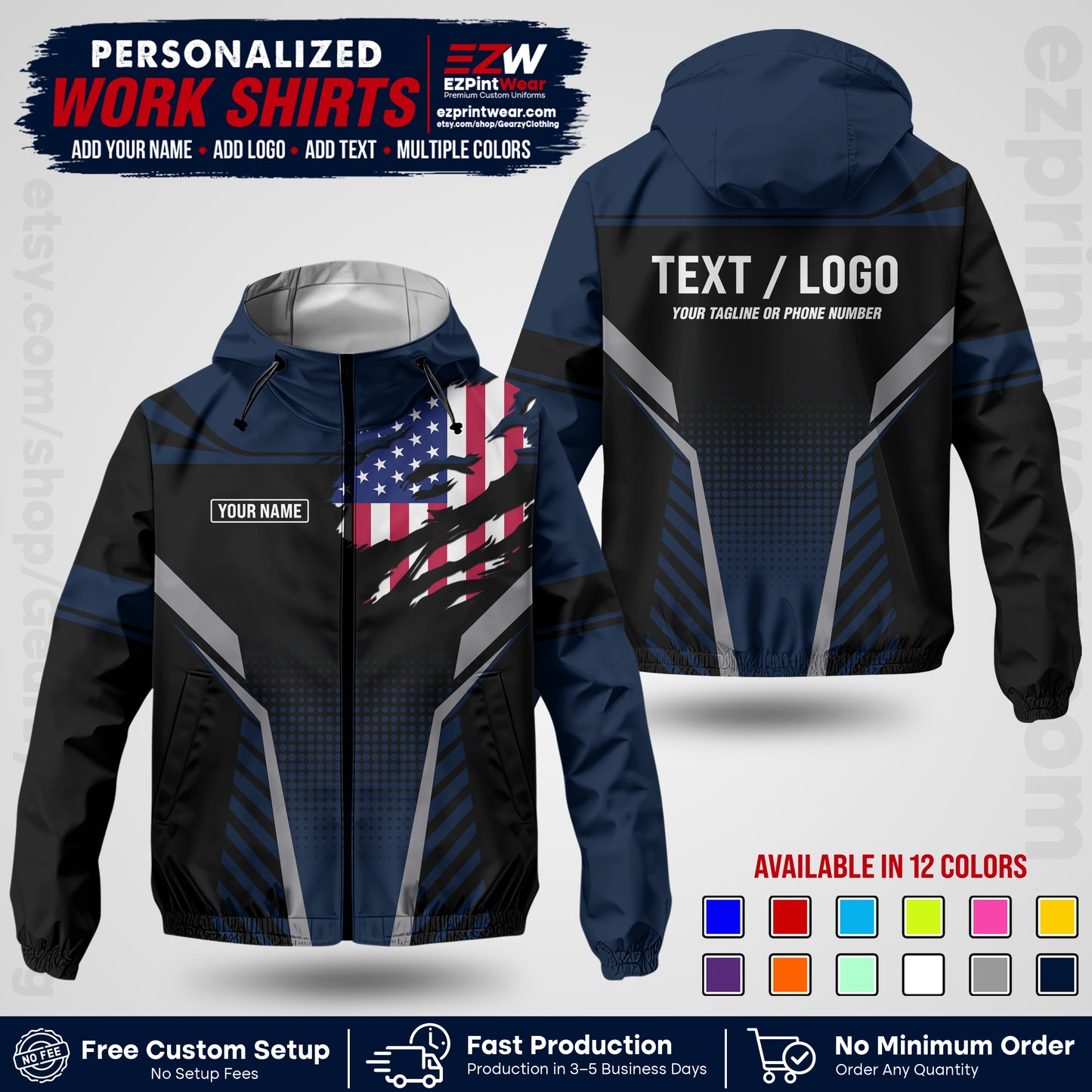 Custom Windbreaker Jacket with Name, Logo & Text, All Over Print Company Workwear, Employee Uniform WBJK07