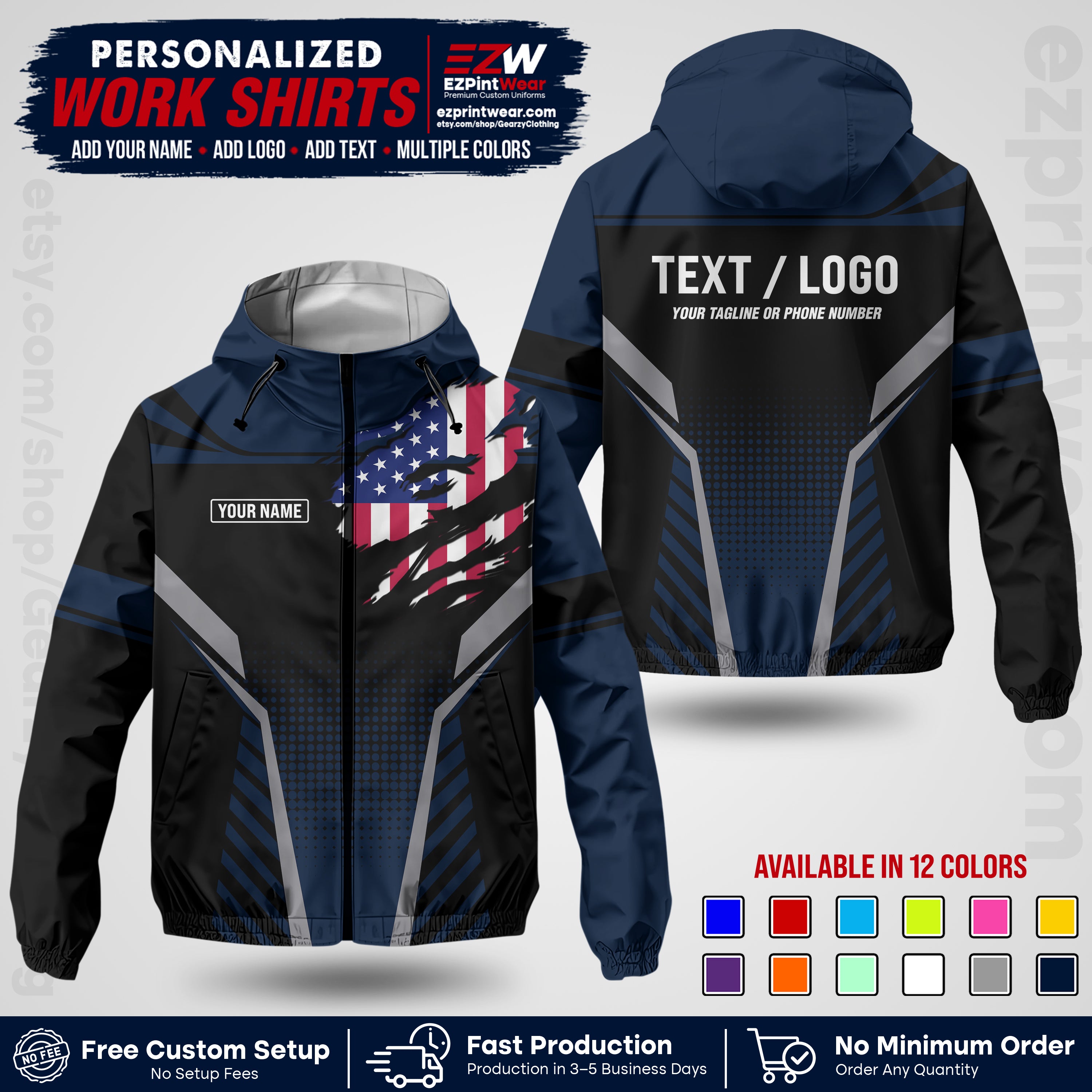 Custom Windbreaker Jacket with Name, Logo & Text, All Over Print Company Workwear, Employee Uniform WBJK07