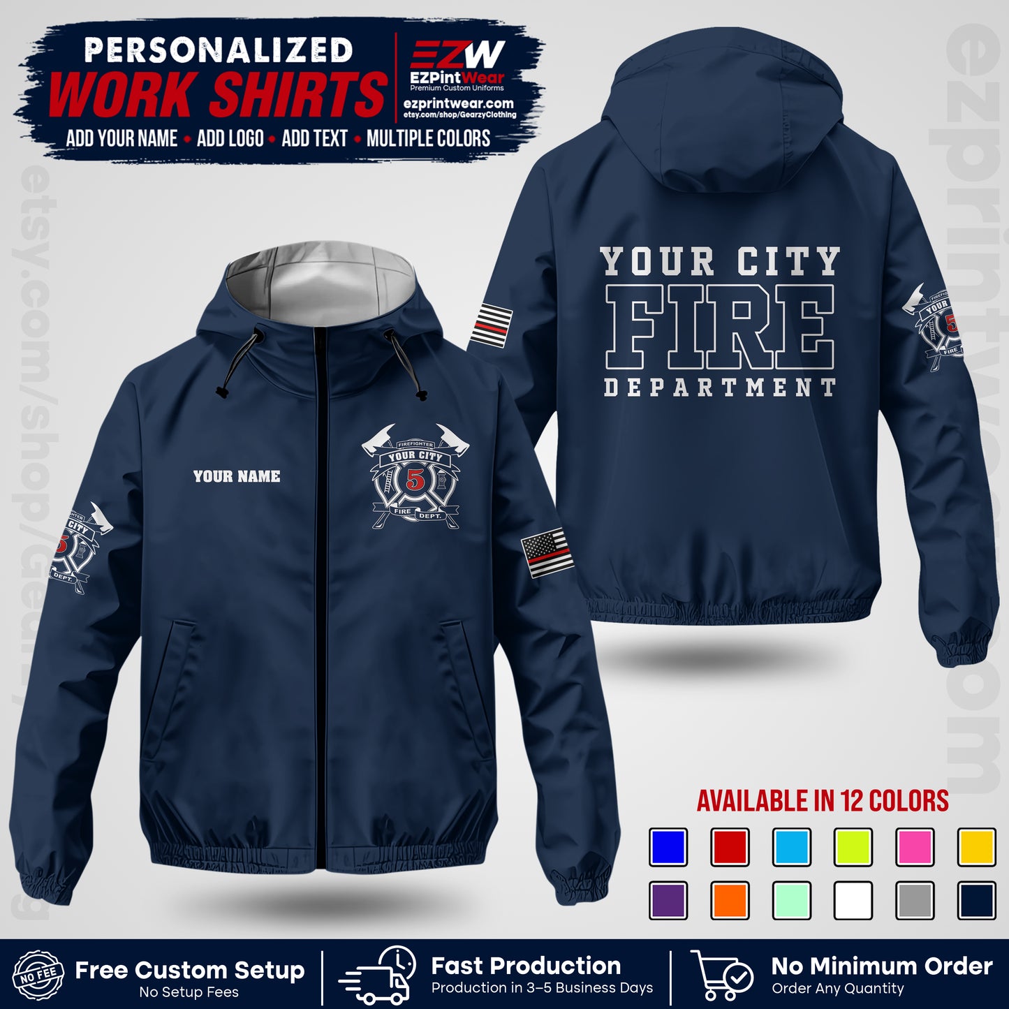 Custom Firefighter Windbreaker Jacket with Name, City Logo & Text | Fire Department Uniform | Employee Workwear FFJK07