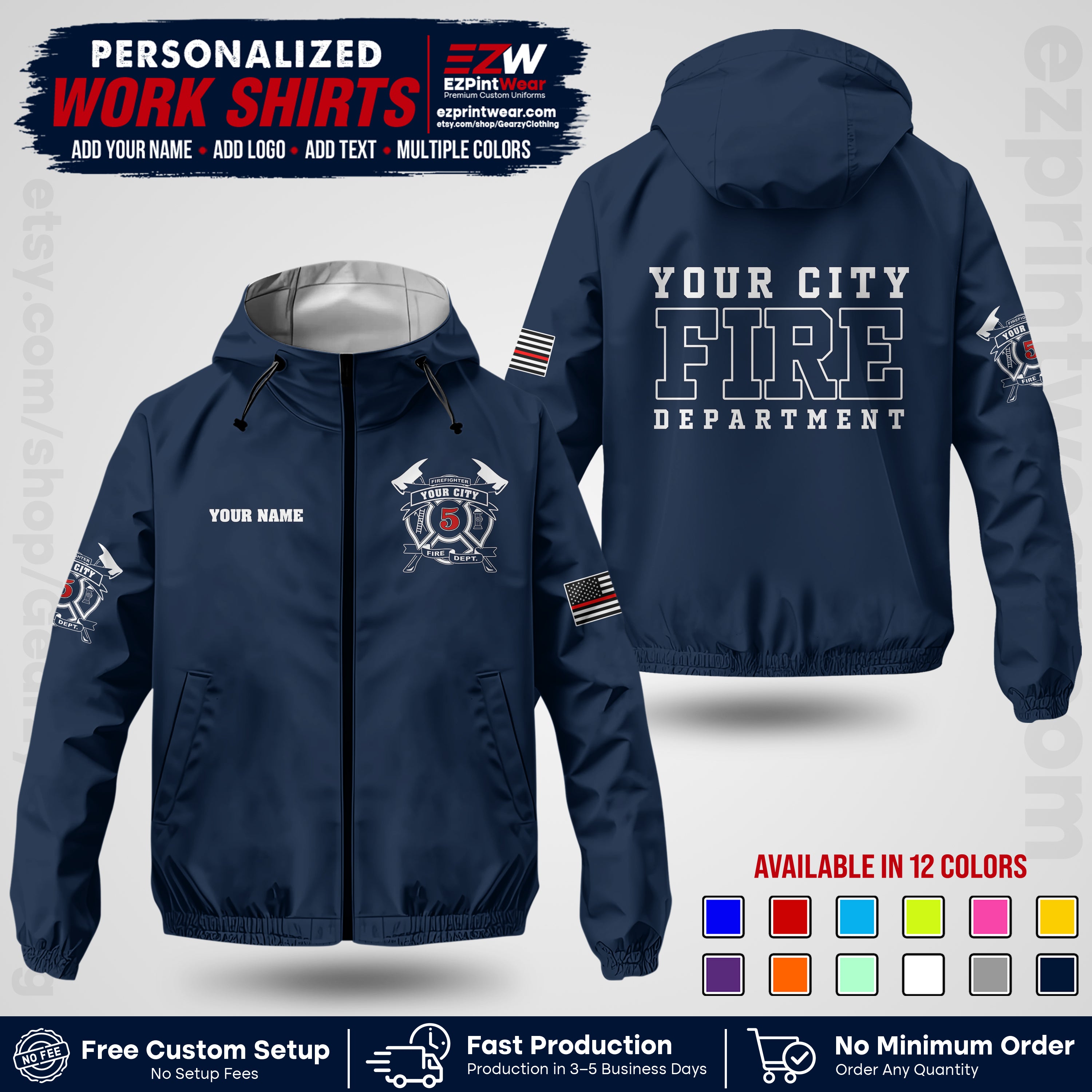 Custom Firefighter Windbreaker Jacket with Name, City Logo & Text | Fire Department Uniform | Employee Workwear FFJK07