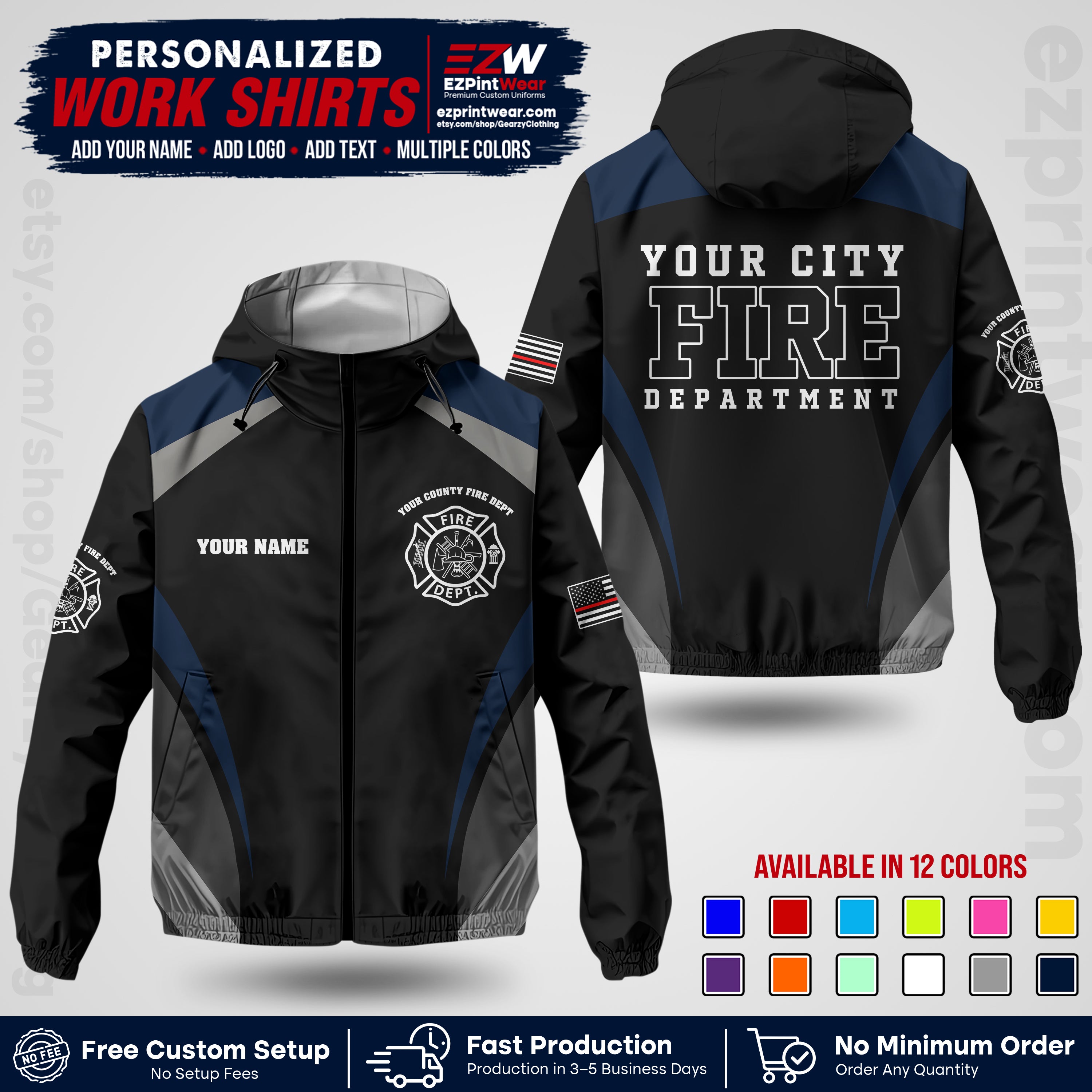 Custom Firefighter Windbreaker Jacket with Name, City Logo & Text | Fire Department Uniform | Employee Workwear FFJK02