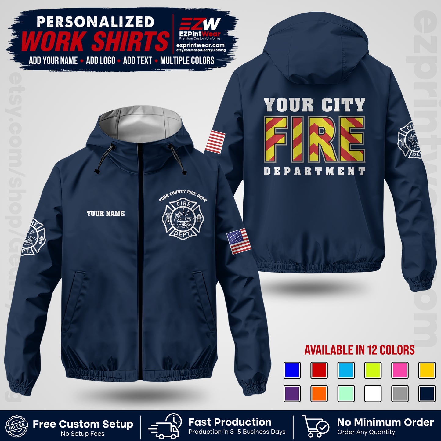 Custom Firefighter Windbreaker Jacket with Name, City Logo & Text | Fire Department Uniform | Employee Workwear FFJK05