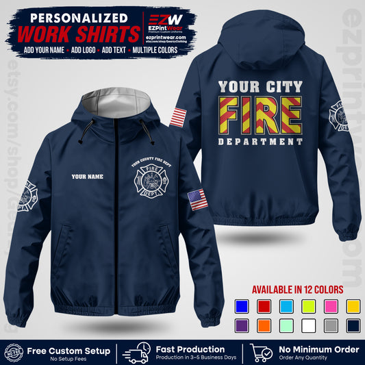 Custom Firefighter Windbreaker Jacket with Name, City Logo & Text | Fire Department Uniform | Employee Workwear FFJK05