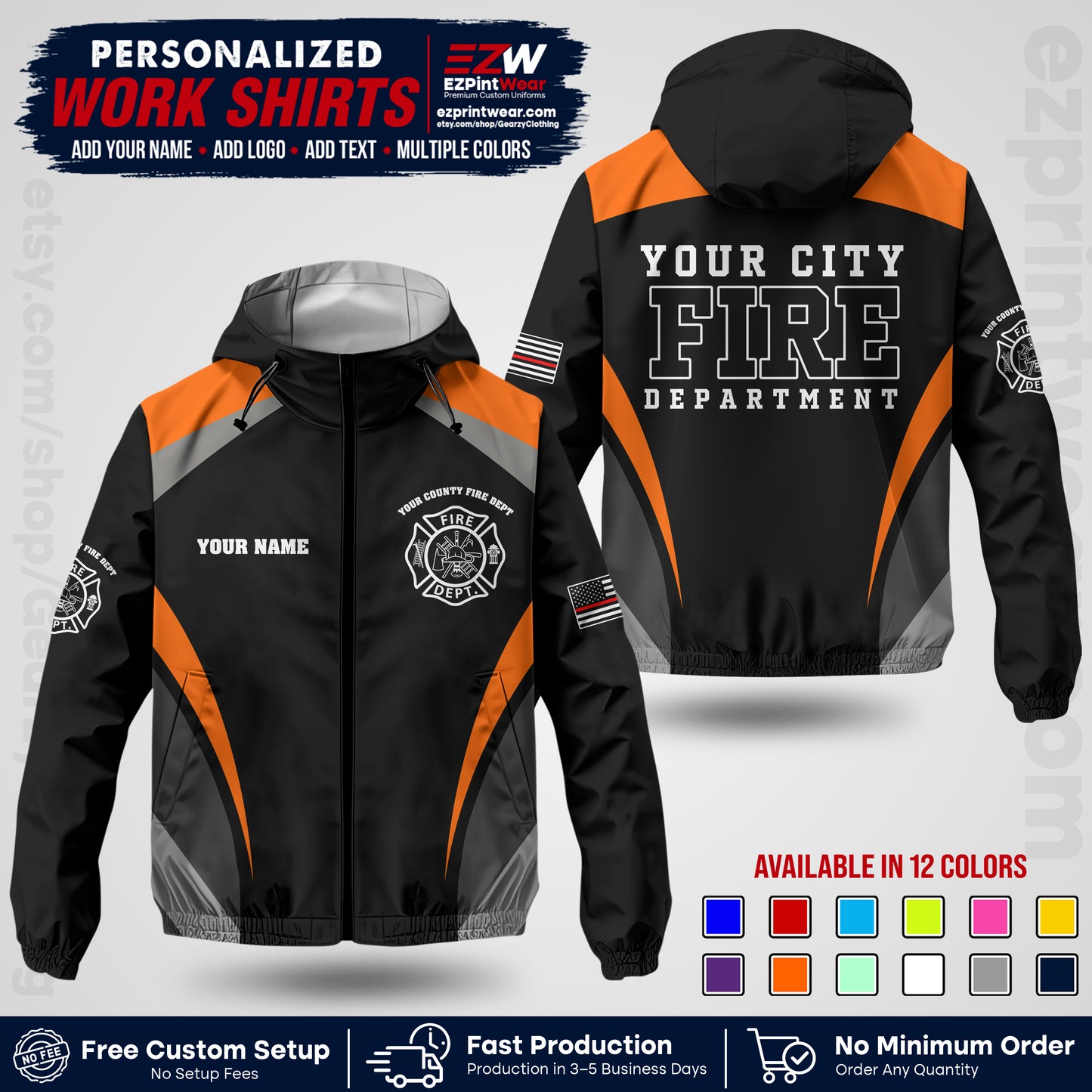 Custom Firefighter Windbreaker Jacket with Name, City Logo & Text | Fire Department Uniform | Employee Workwear FFJK02