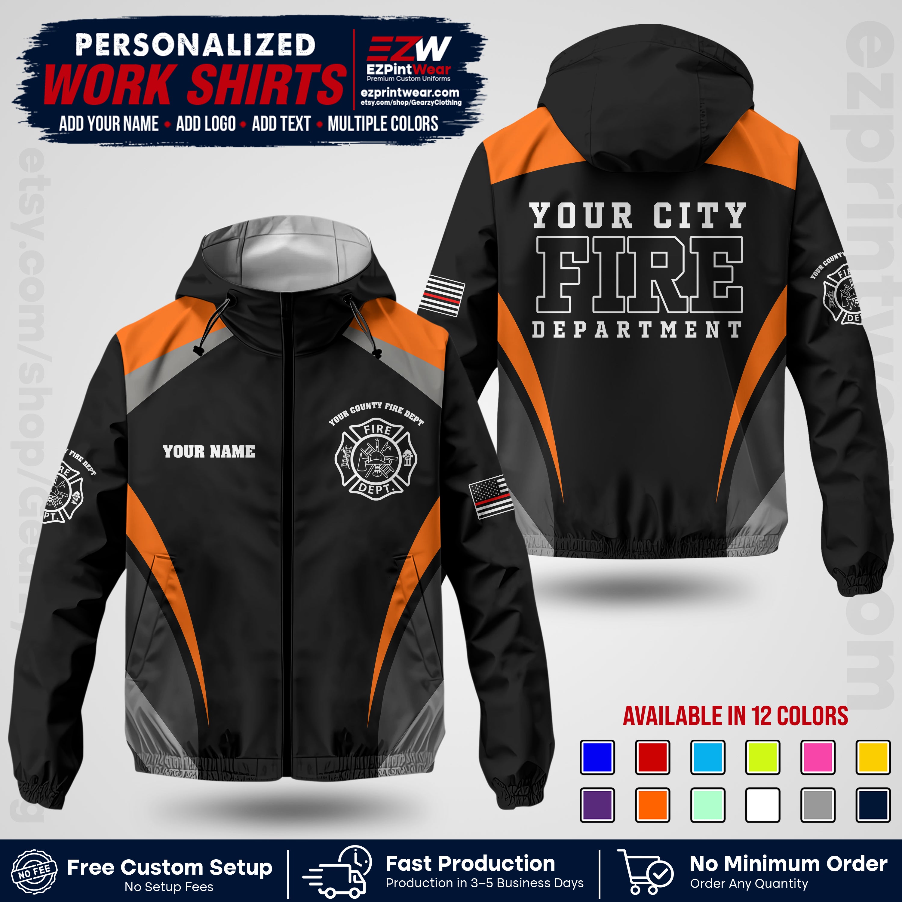 Custom Firefighter Windbreaker Jacket with Name, City Logo & Text | Fire Department Uniform | Employee Workwear FFJK02