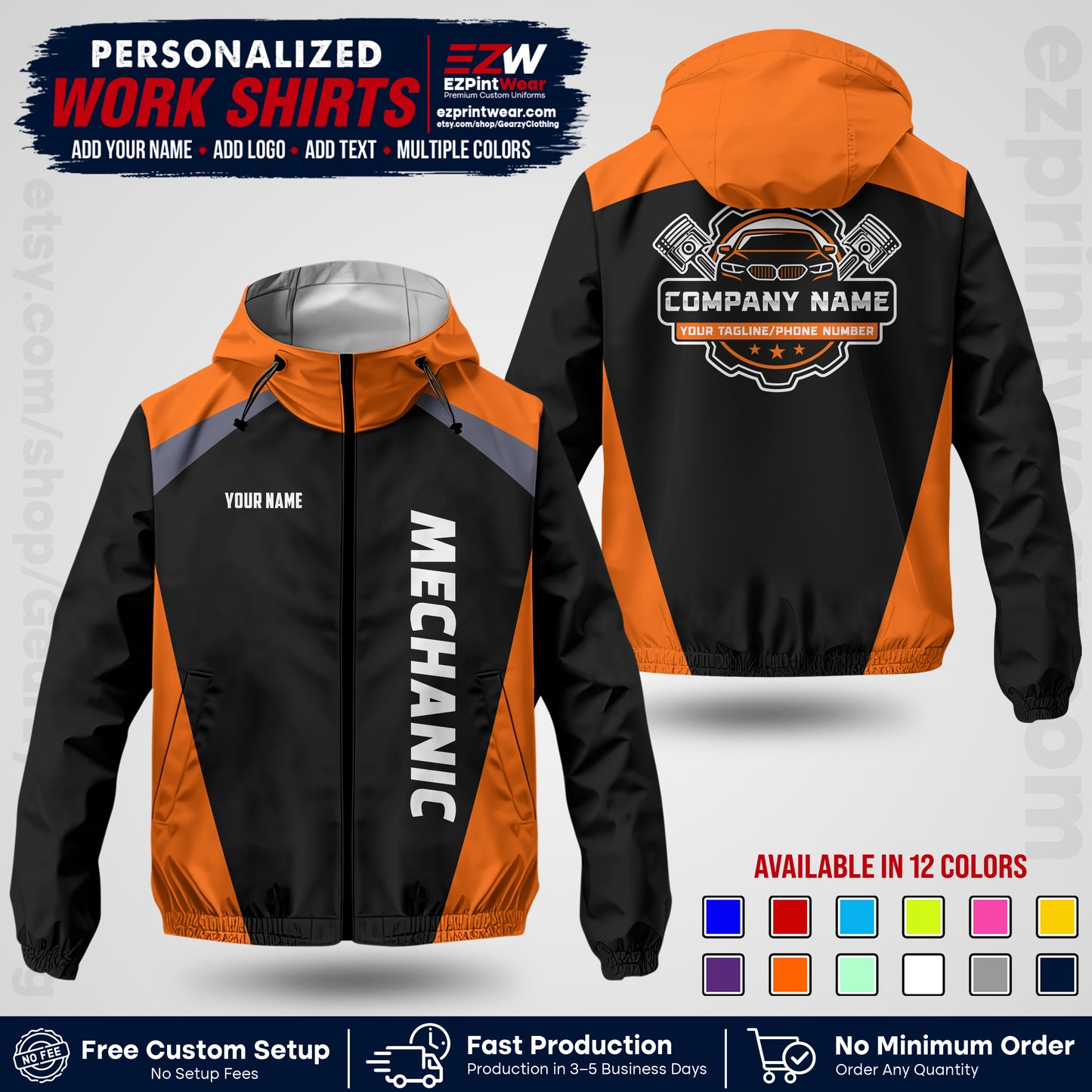 Custom Mechanic Work Shirt with Name, Logo & Text | Auto Shop Uniform | Company Workwear | Employee Uniform MCNJK02