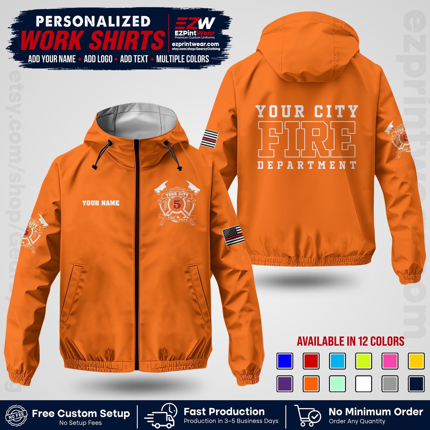 Custom Firefighter Windbreaker Jacket with Name, City Logo & Text | Fire Department Uniform | Employee Workwear FFJK07