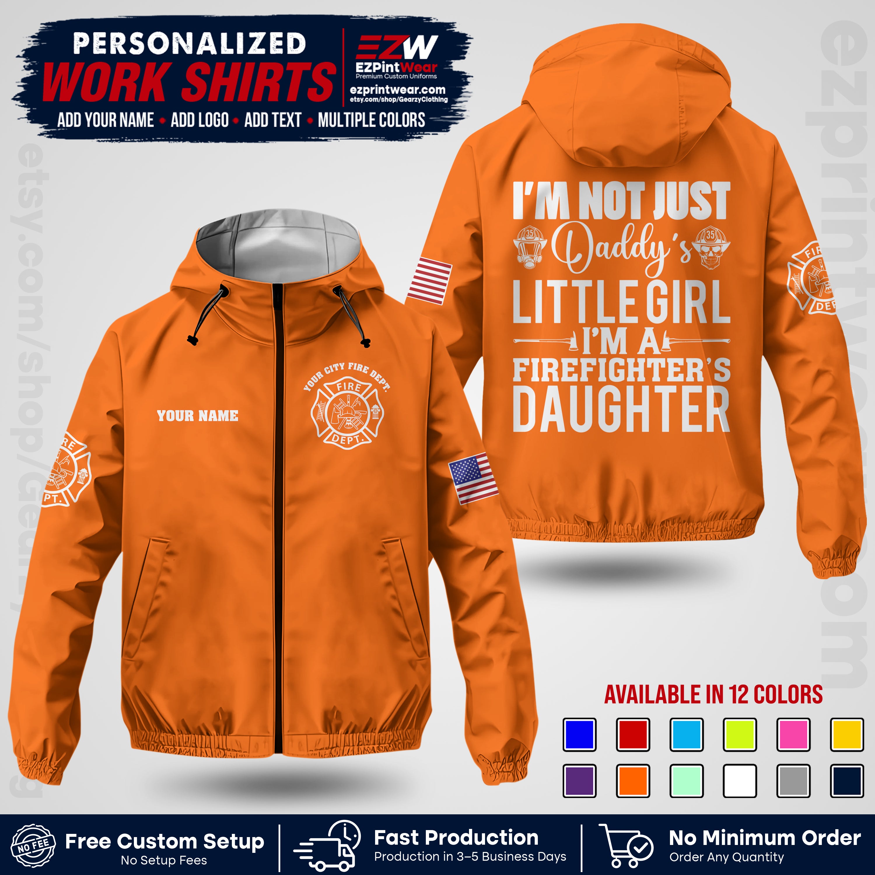 Custom Firefighter Windbreaker Jacket with Name, City Logo & Text | Fire Department Uniform | Employee Workwear FFJK08