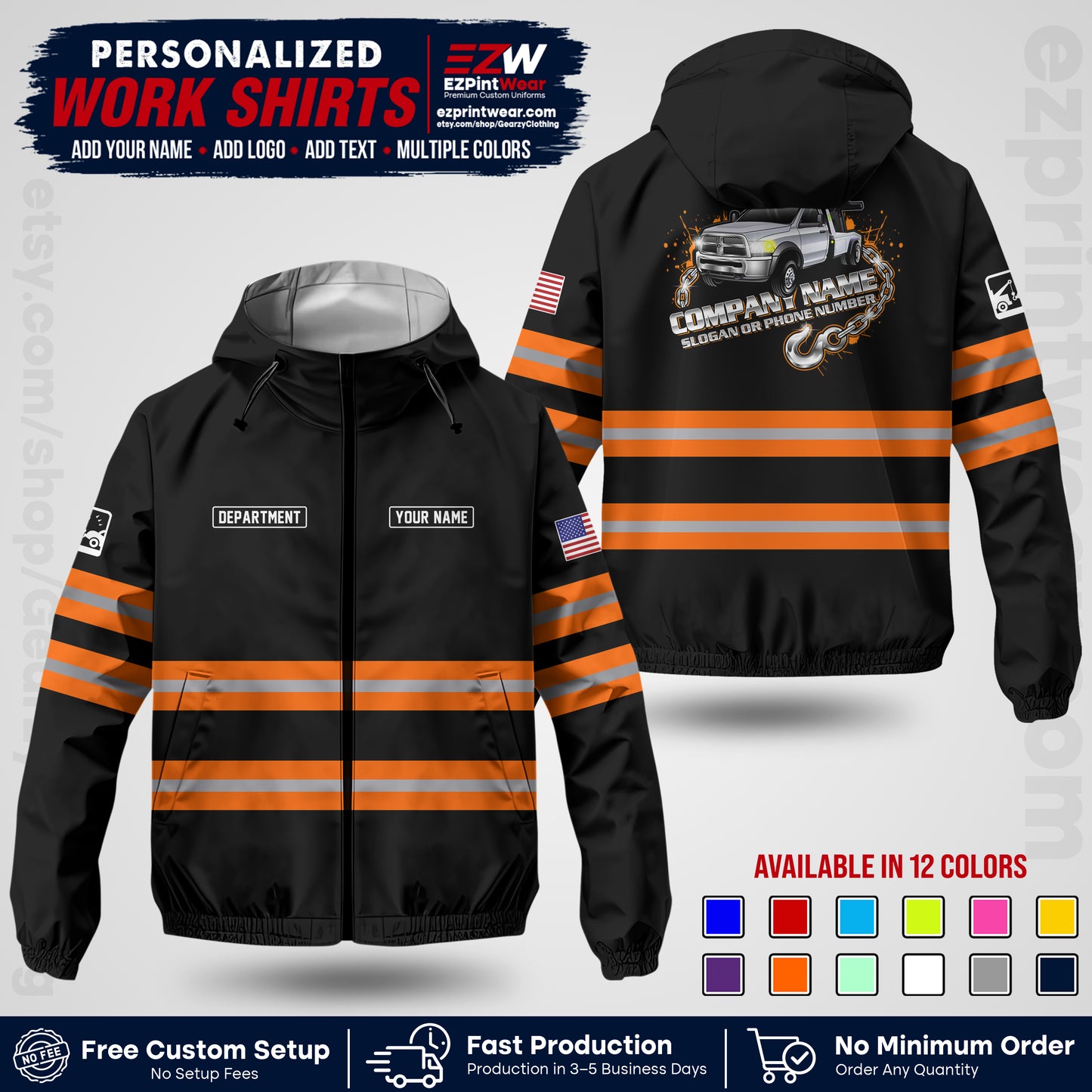 Custom Towing Windbreaker Jacket | Personalized Tow Truck Workwear | Non-Reflective Safety Stripe Jacket | Add Name Logo Text | Custom Windbreaker Jacket | Tow Truck Jacket TWJK 05