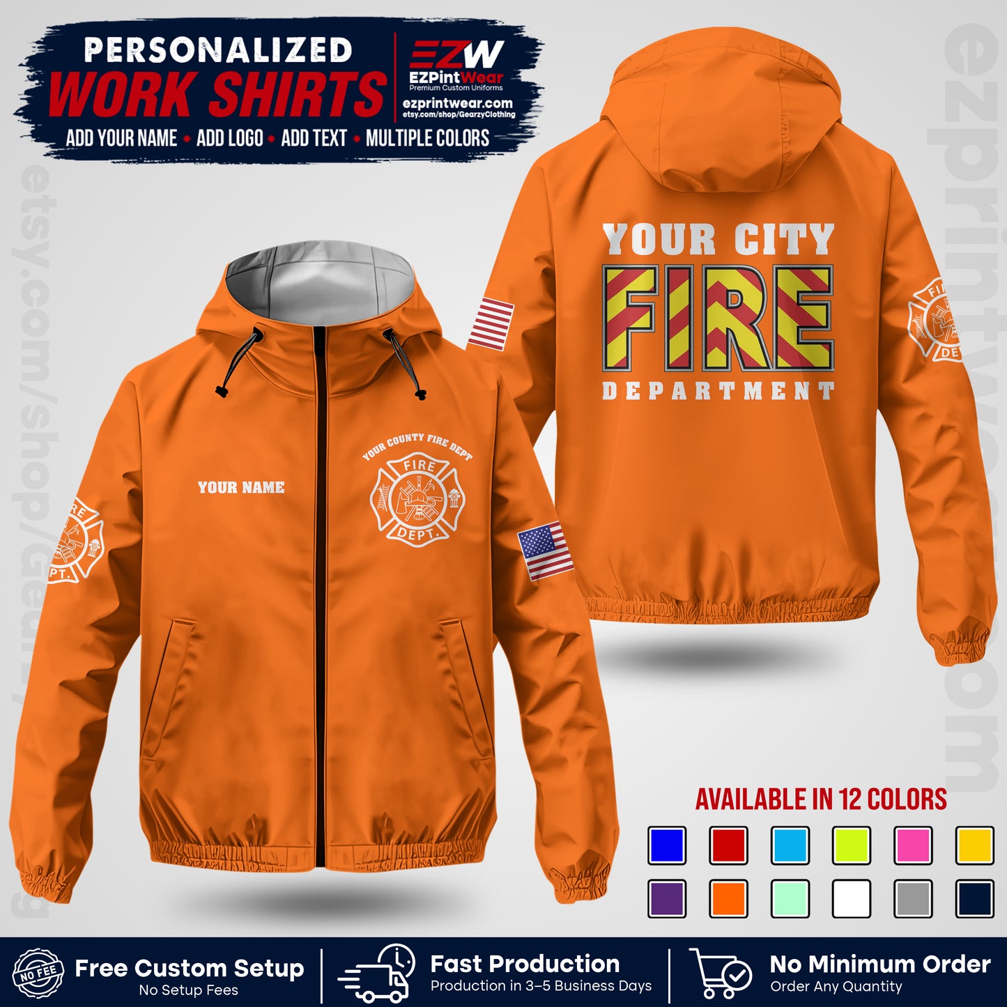 Custom Firefighter Windbreaker Jacket with Name, City Logo & Text | Fire Department Uniform | Employee Workwear FFJK05