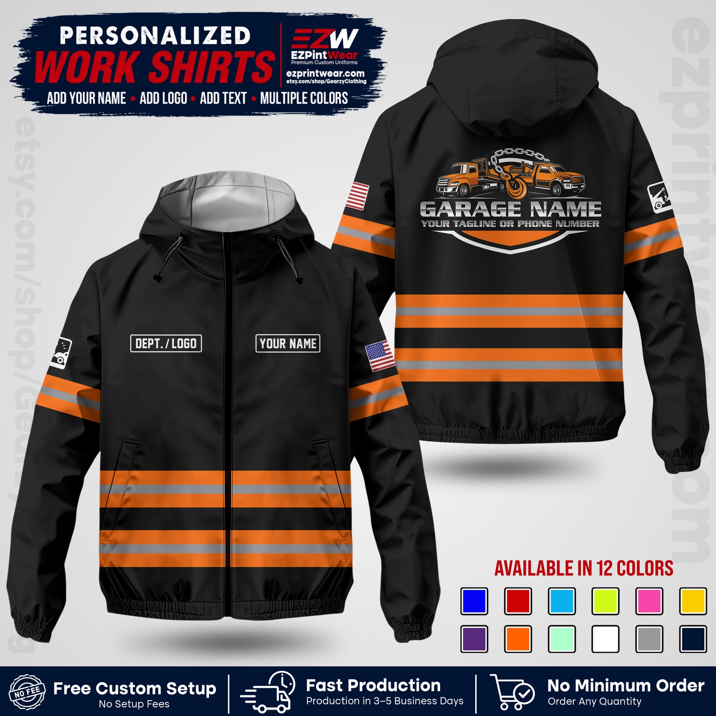 Custom Towing Windbreaker Jacket | Personalized Tow Truck Workwear | Non-Reflective Safety Stripe Jacket | Add Name Logo Text | Custom Windbreaker Jacket | Tow Truck Jacket TWJK 03