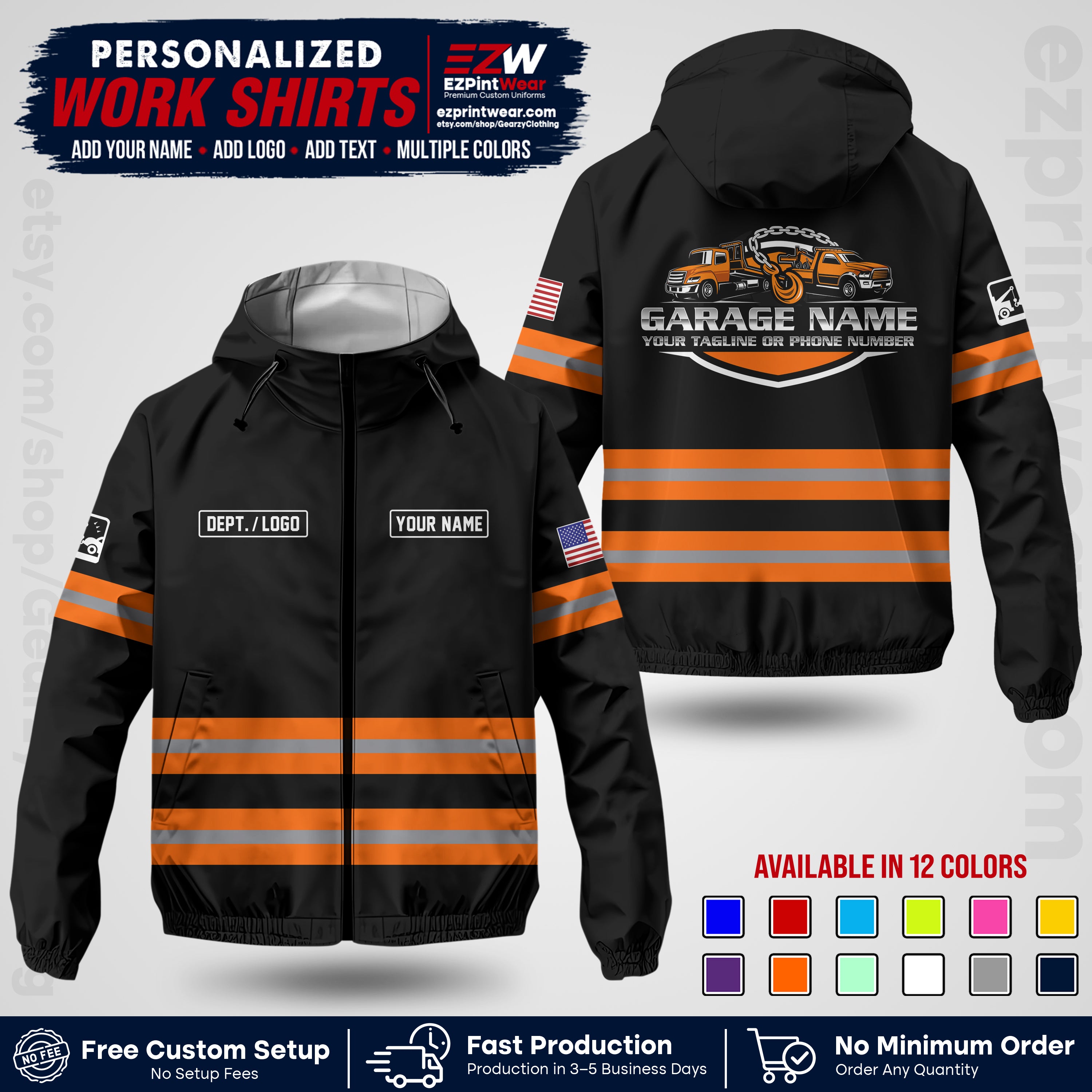 Custom Towing Windbreaker Jacket | Personalized Tow Truck Workwear | Non-Reflective Safety Stripe Jacket | Add Name Logo Text | Custom Windbreaker Jacket | Tow Truck Jacket TWJK 03