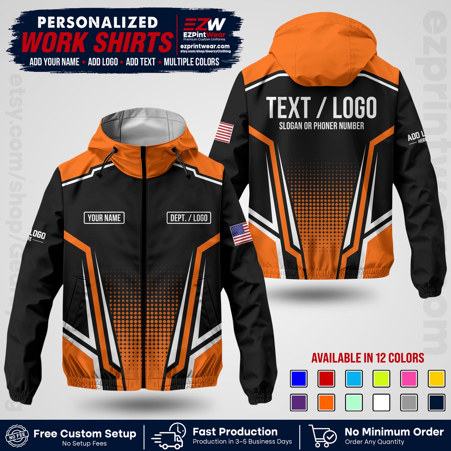 Custom Windbreaker Jacket with Name, Logo & Text, All Over Print Company Workwear, Employee Uniform WBJK17