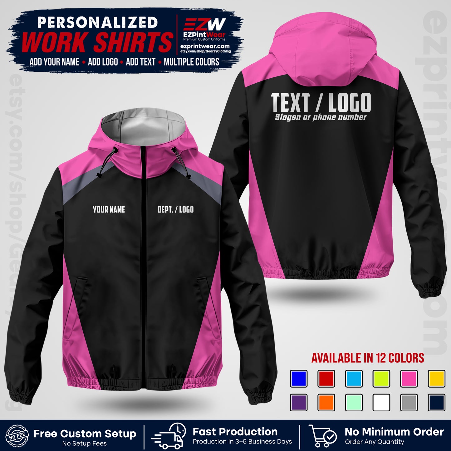 Custom Windbreaker Jacket with Name, Logo & Text, All Over Print Company Workwear, Employee Uniform WBJK03