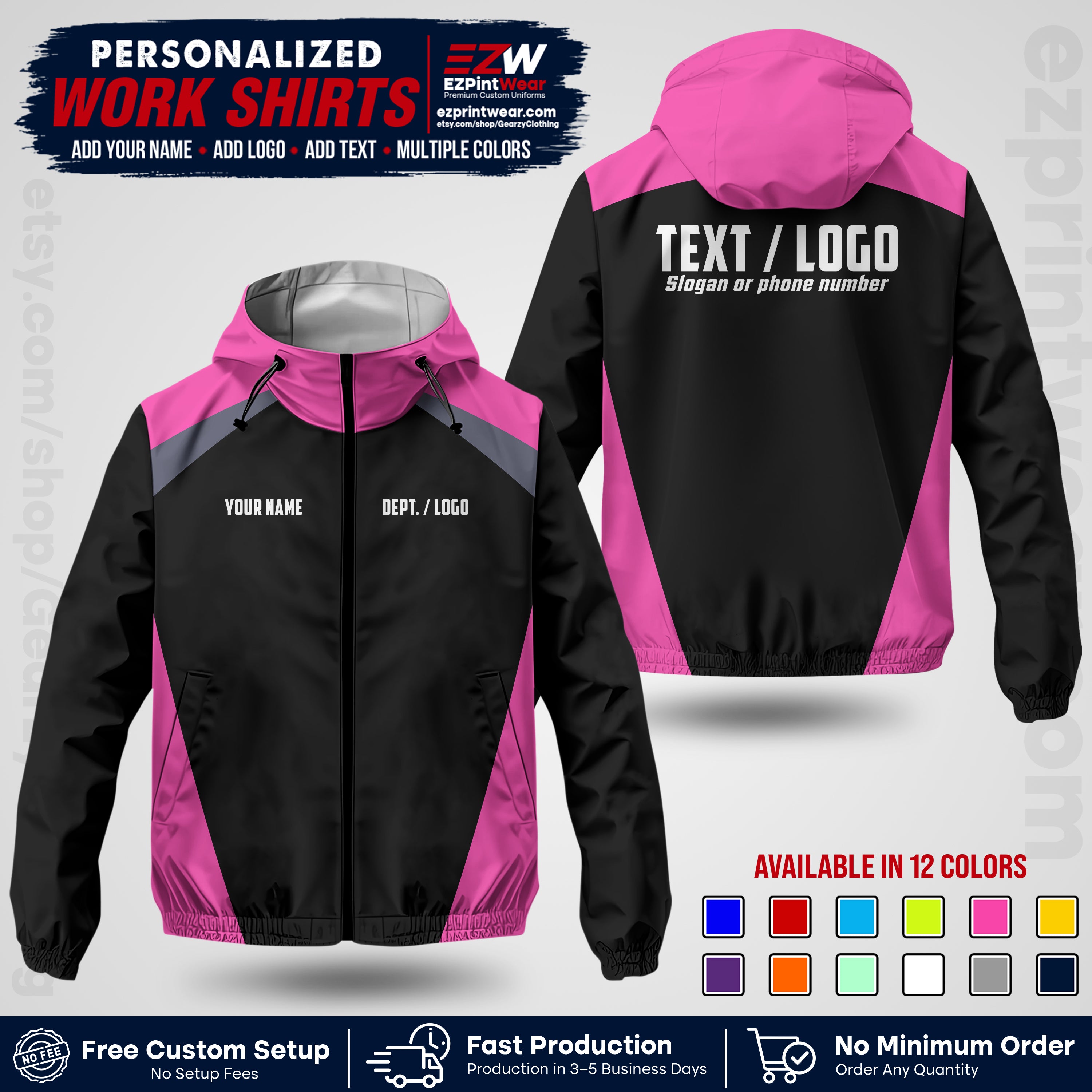 Custom Windbreaker Jacket with Name, Logo & Text, All Over Print Company Workwear, Employee Uniform WBJK03