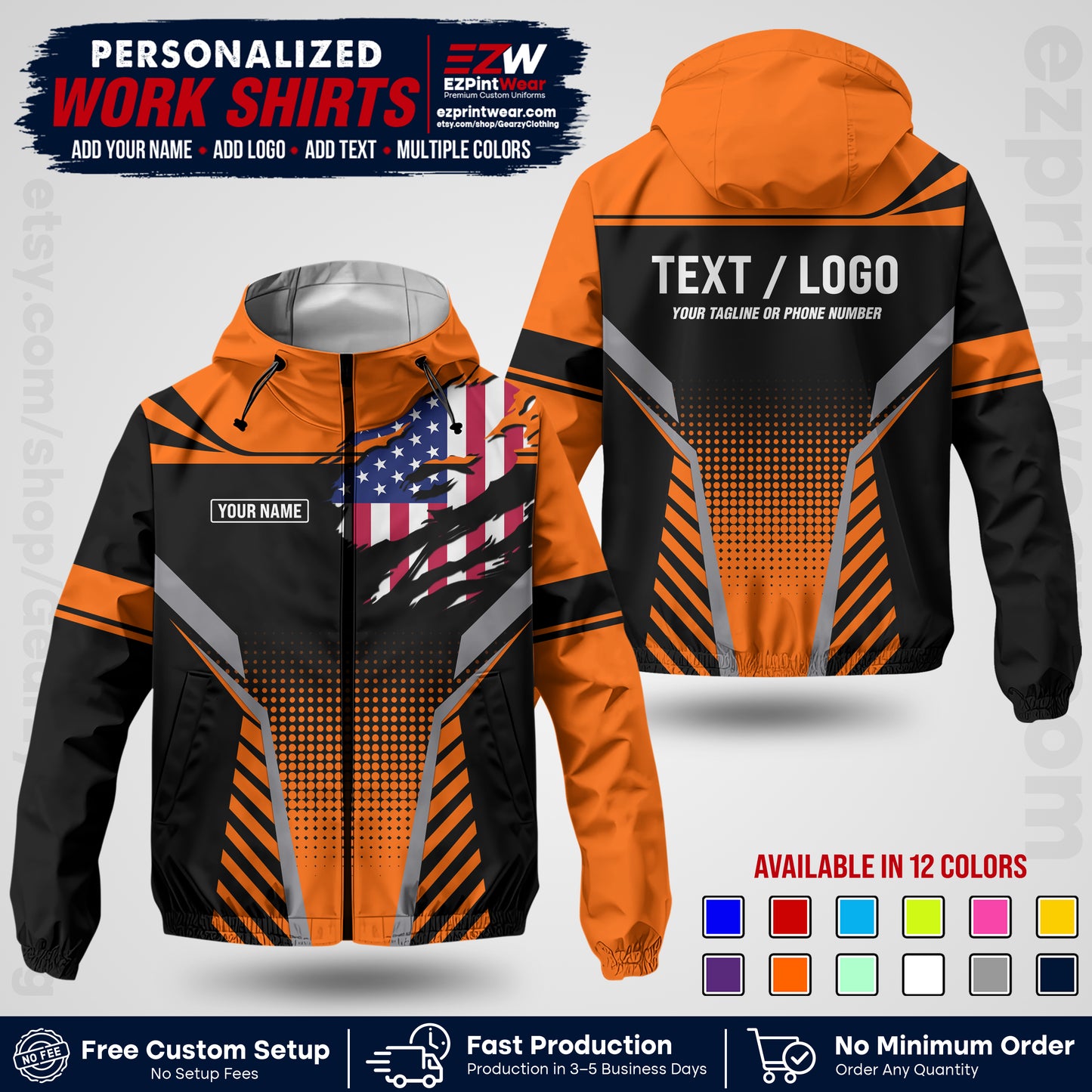 Custom Windbreaker Jacket with Name, Logo & Text, All Over Print Company Workwear, Employee Uniform WBJK07