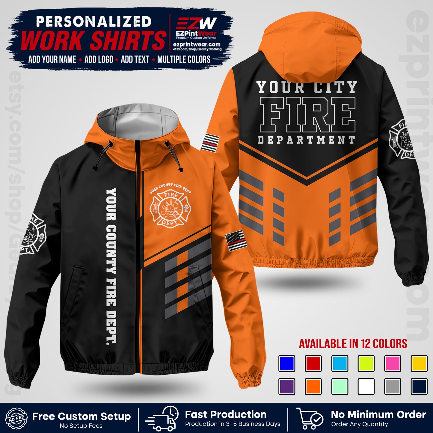 Custom Firefighter Windbreaker Jacket with Name, City Logo & Text | Fire Department Uniform | Employee Workwear FFJK03