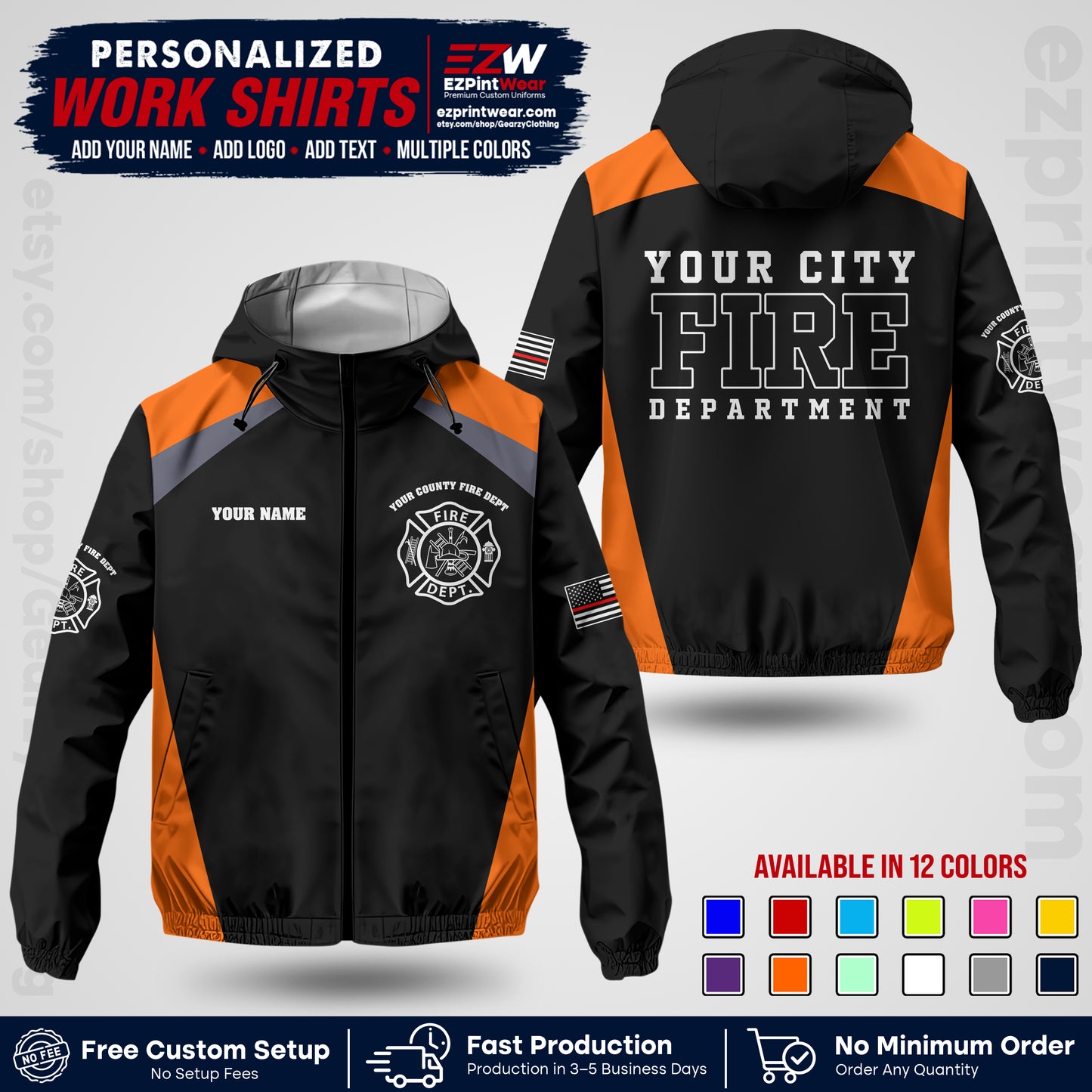Custom Firefighter Windbreaker Jacket with Name, City Logo & Text | Fire Department Uniform | Employee Workwear FFJK04