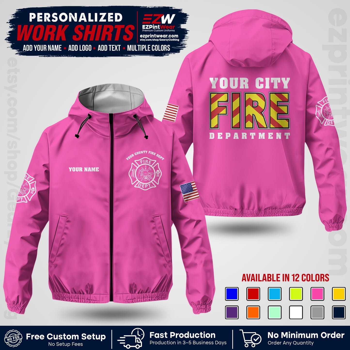 Custom Firefighter Windbreaker Jacket with Name, City Logo & Text | Fire Department Uniform | Employee Workwear FFJK05