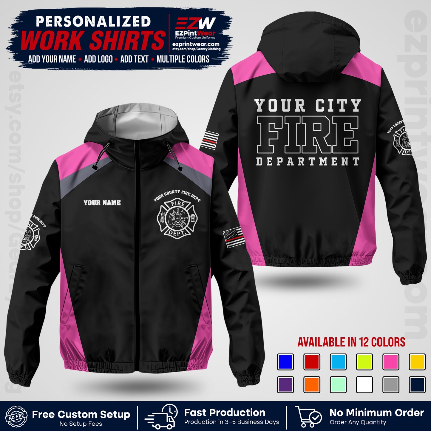 Custom Firefighter Windbreaker Jacket with Name, City Logo & Text | Fire Department Uniform | Employee Workwear FFJK04