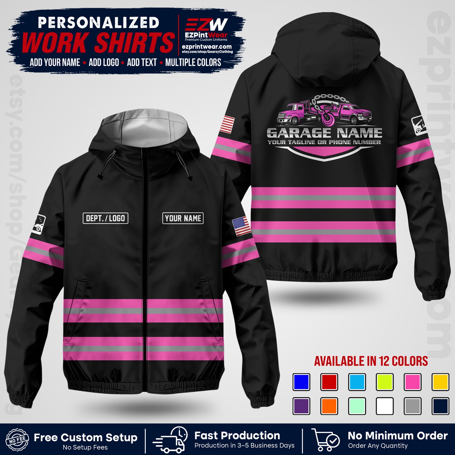 Custom Towing Windbreaker Jacket | Personalized Tow Truck Workwear | Non-Reflective Safety Stripe Jacket | Add Name Logo Text | Custom Windbreaker Jacket | Tow Truck Jacket TWJK 03
