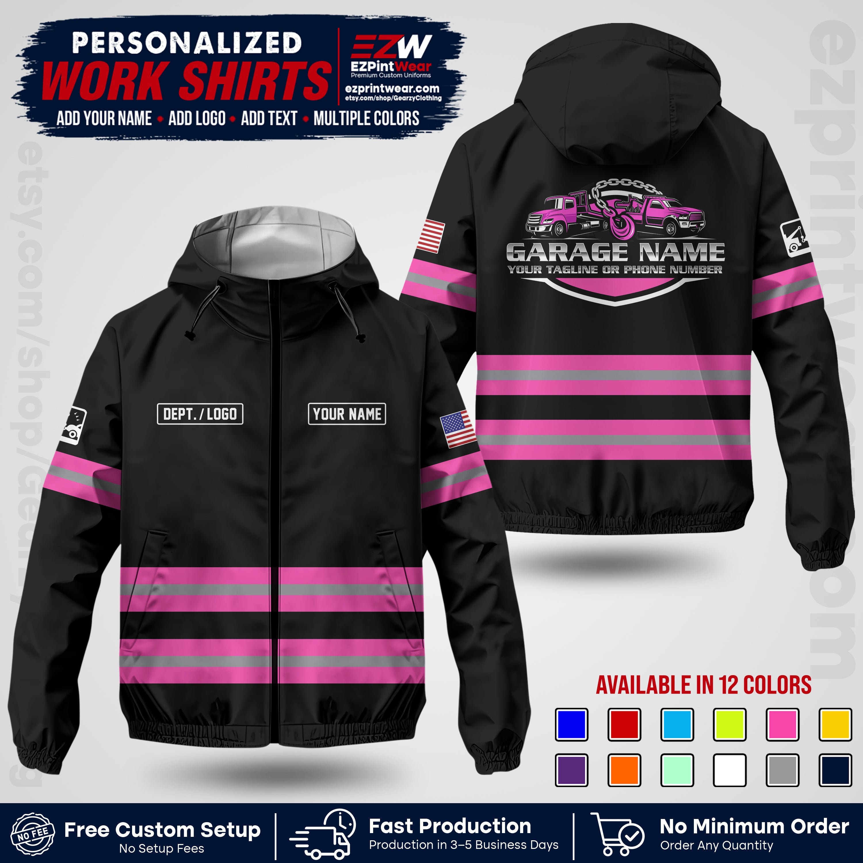 Custom Towing Windbreaker Jacket | Personalized Tow Truck Workwear | Non-Reflective Safety Stripe Jacket | Add Name Logo Text | Custom Windbreaker Jacket | Tow Truck Jacket TWJK 03