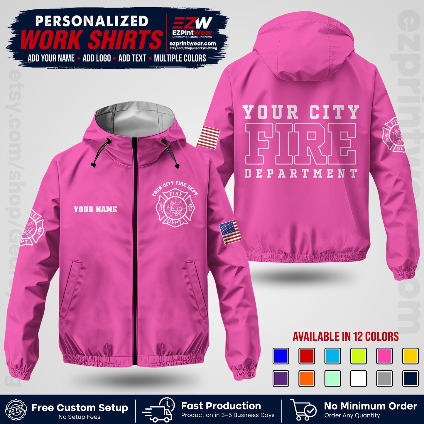 Custom Firefighter Windbreaker Jacket with Name, City Logo & Text | Fire Department Uniform | Employee Workwear FFJK01