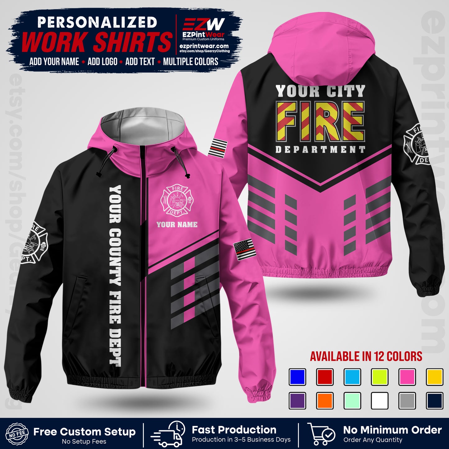 Custom Firefighter Windbreaker Jacket with Name, City Logo & Text | Fire Department Uniform | Employee Workwear FFJK06