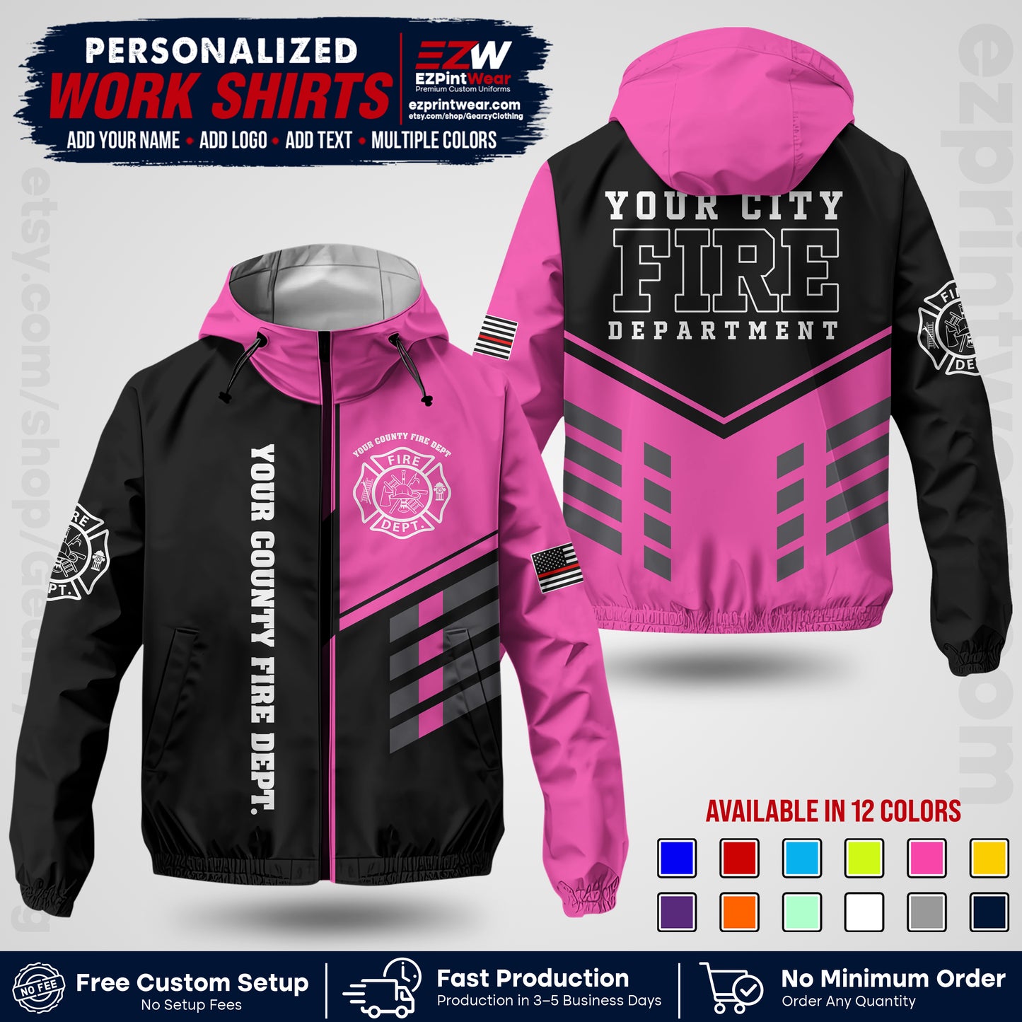 Custom Firefighter Windbreaker Jacket with Name, City Logo & Text | Fire Department Uniform | Employee Workwear FFJK03