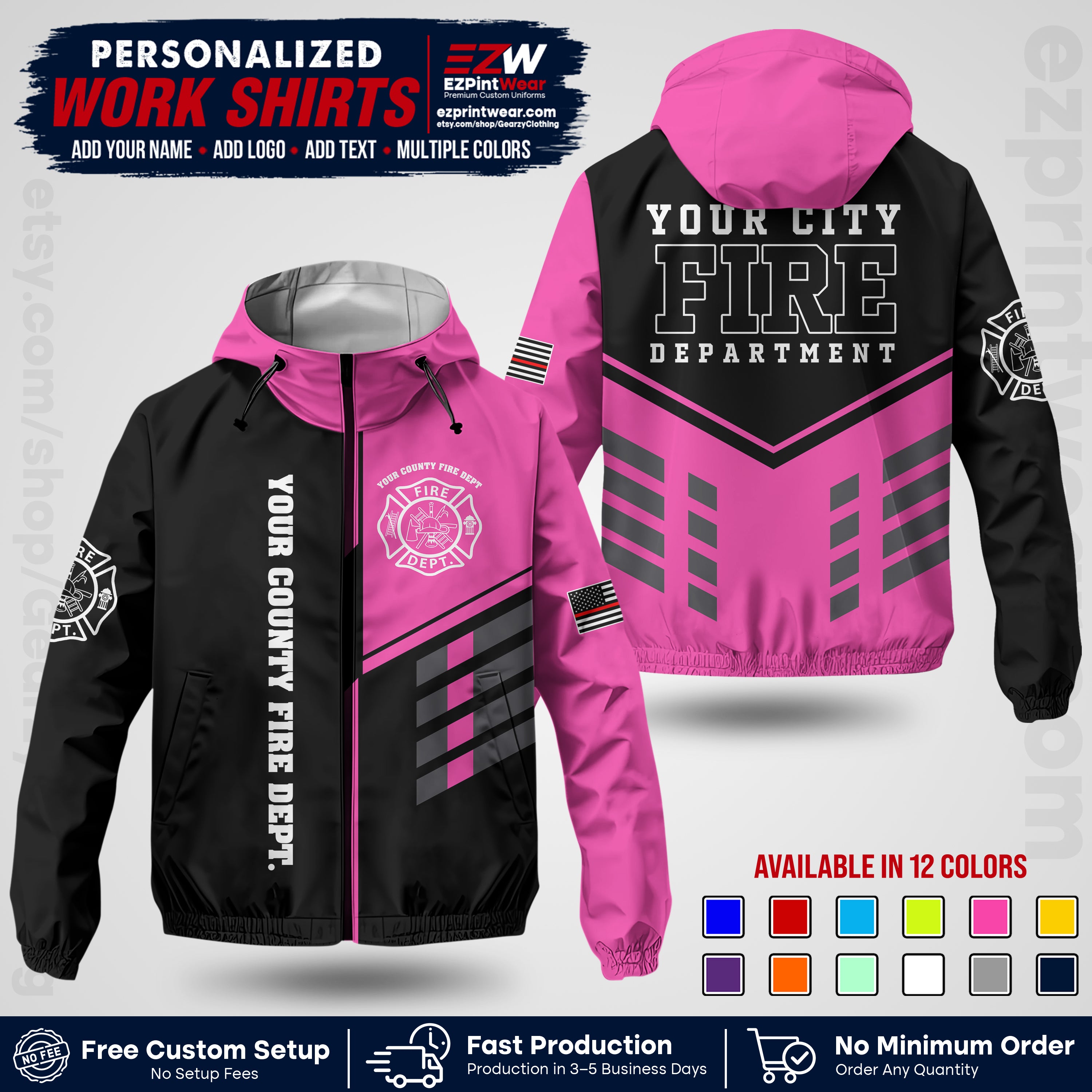 Custom Firefighter Windbreaker Jacket with Name, City Logo & Text | Fire Department Uniform | Employee Workwear FFJK03