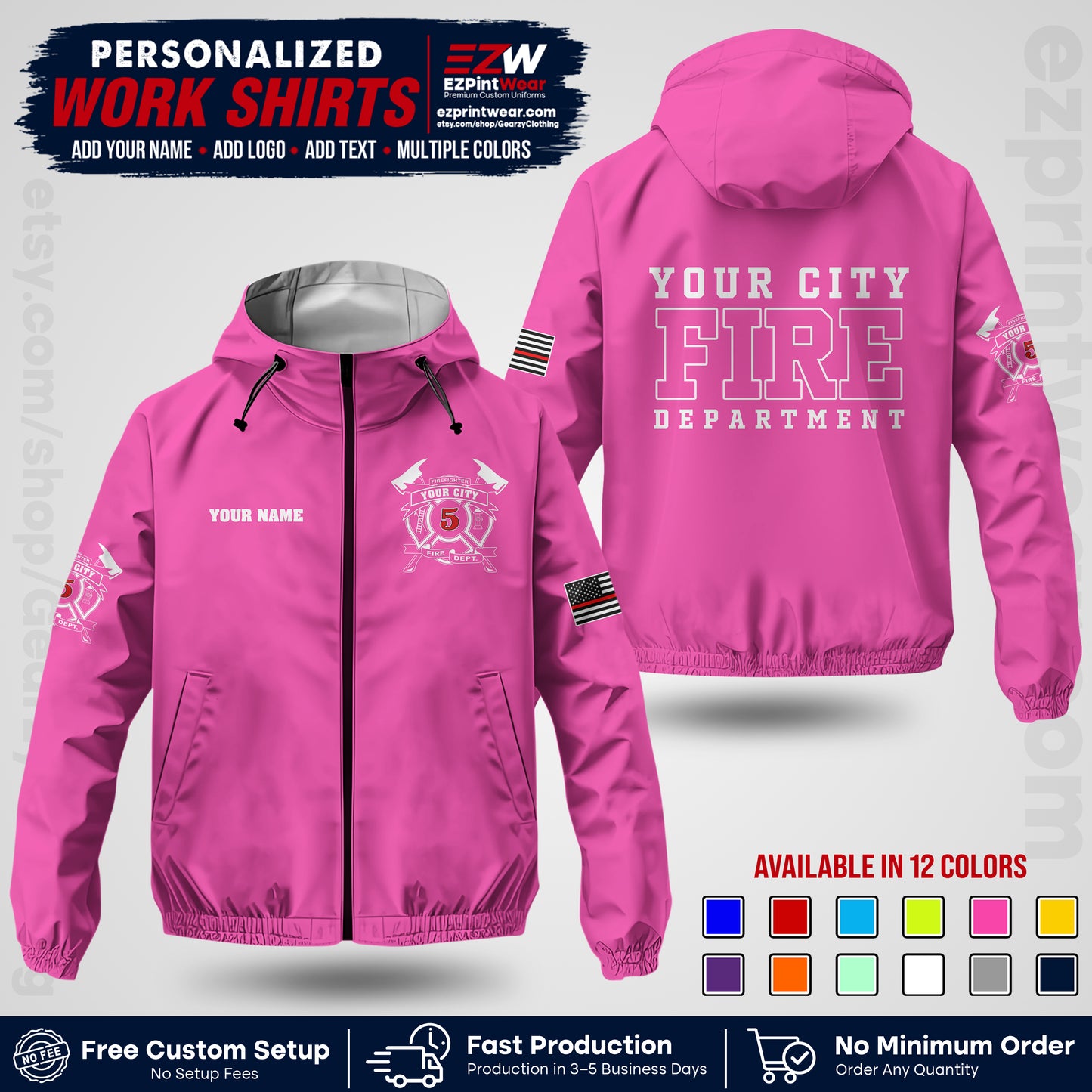 Custom Firefighter Windbreaker Jacket with Name, City Logo & Text | Fire Department Uniform | Employee Workwear FFJK07